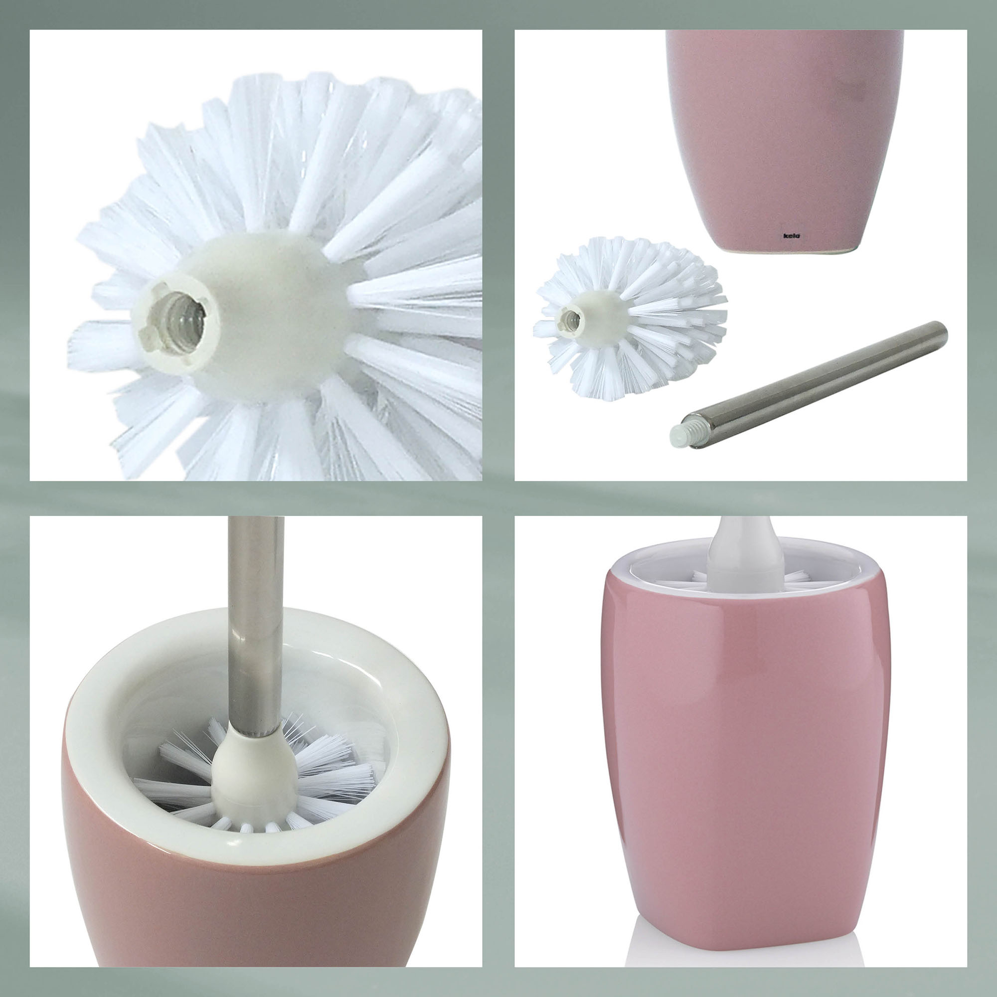 Collage mit Detailansichten von Toilettenbürste Bürstenkopf silberfarbenem Griff und rosa Halter