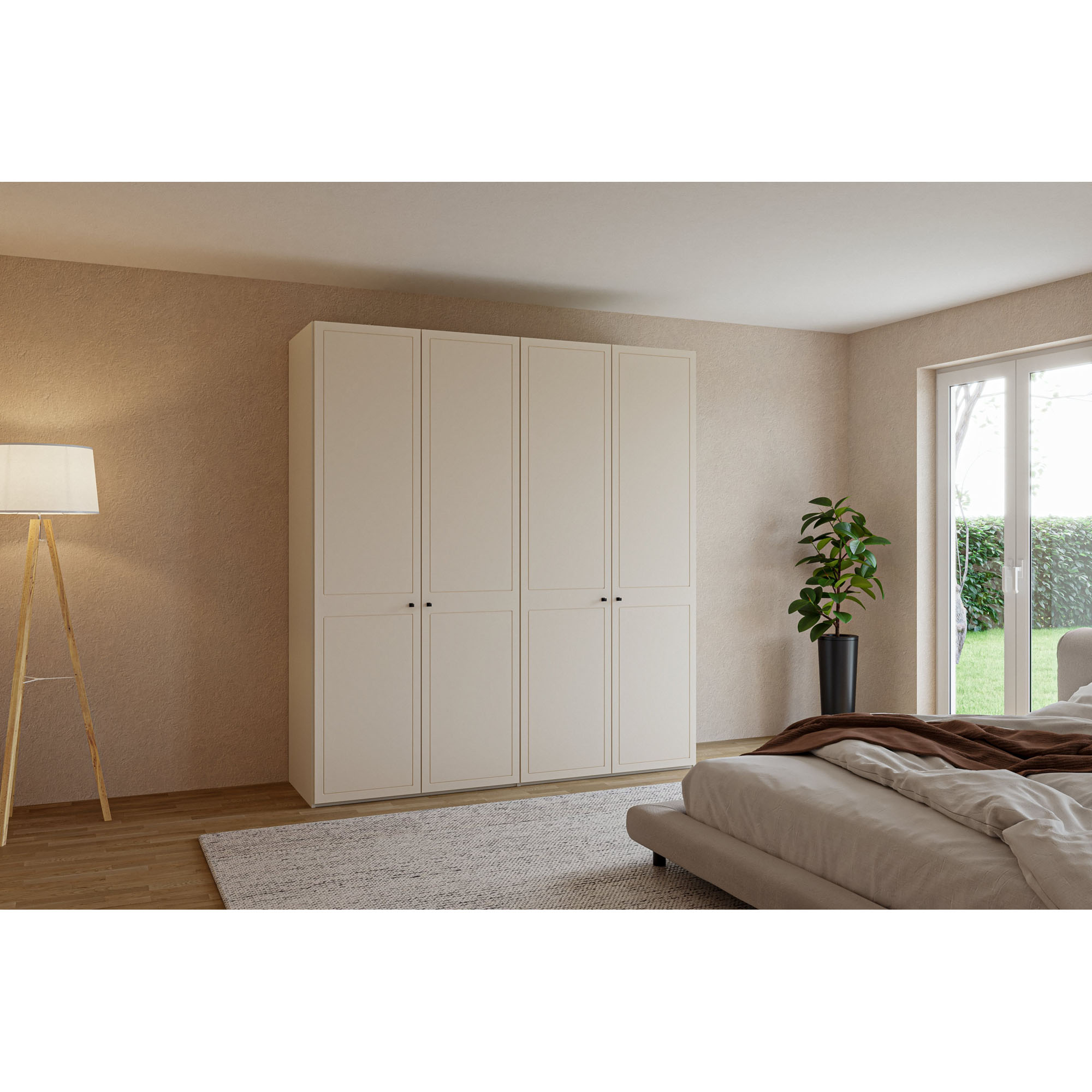 Kleiderschrank mit vier Drehtüren in einem Schlafzimmer neben einem Bett