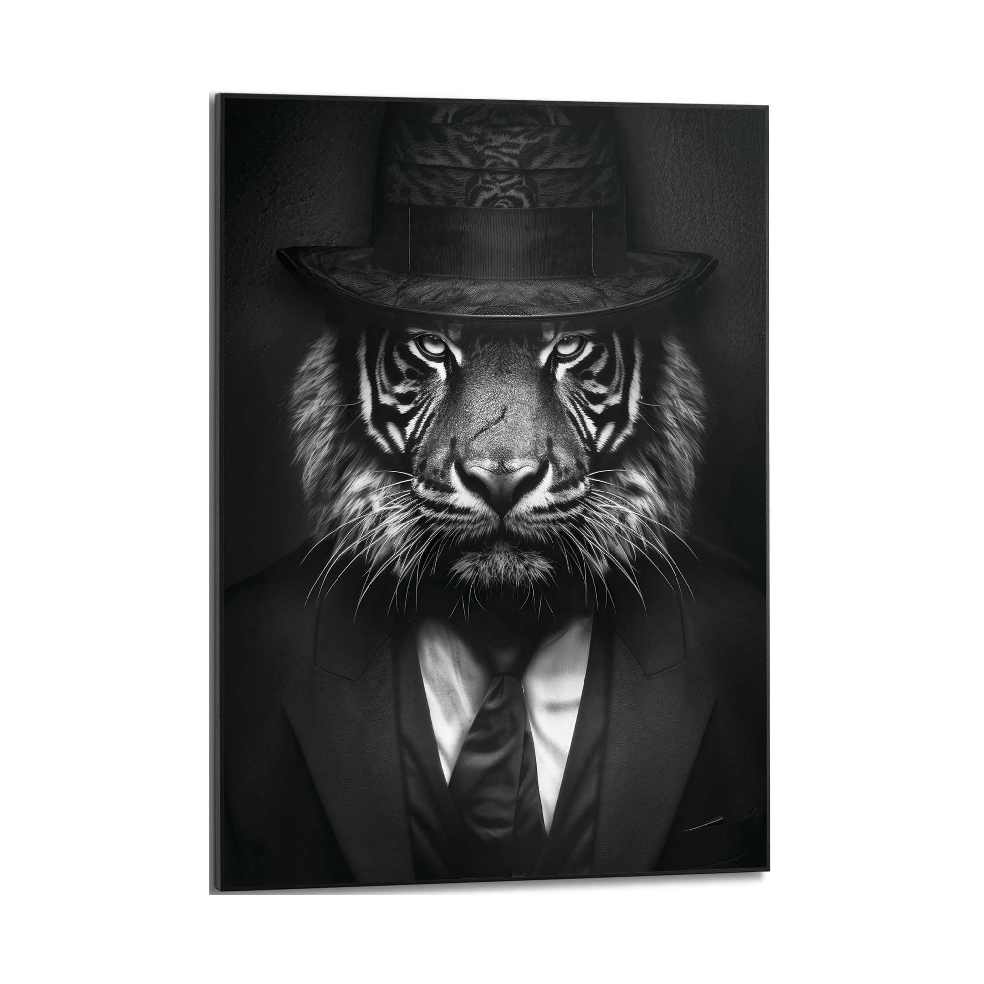 Frontansicht des Wandbilds „Tiger Lord“ in Schwarz-Weiß, Größe 50 × 70 cm; das vollständige Motiv ist zu sehen.
