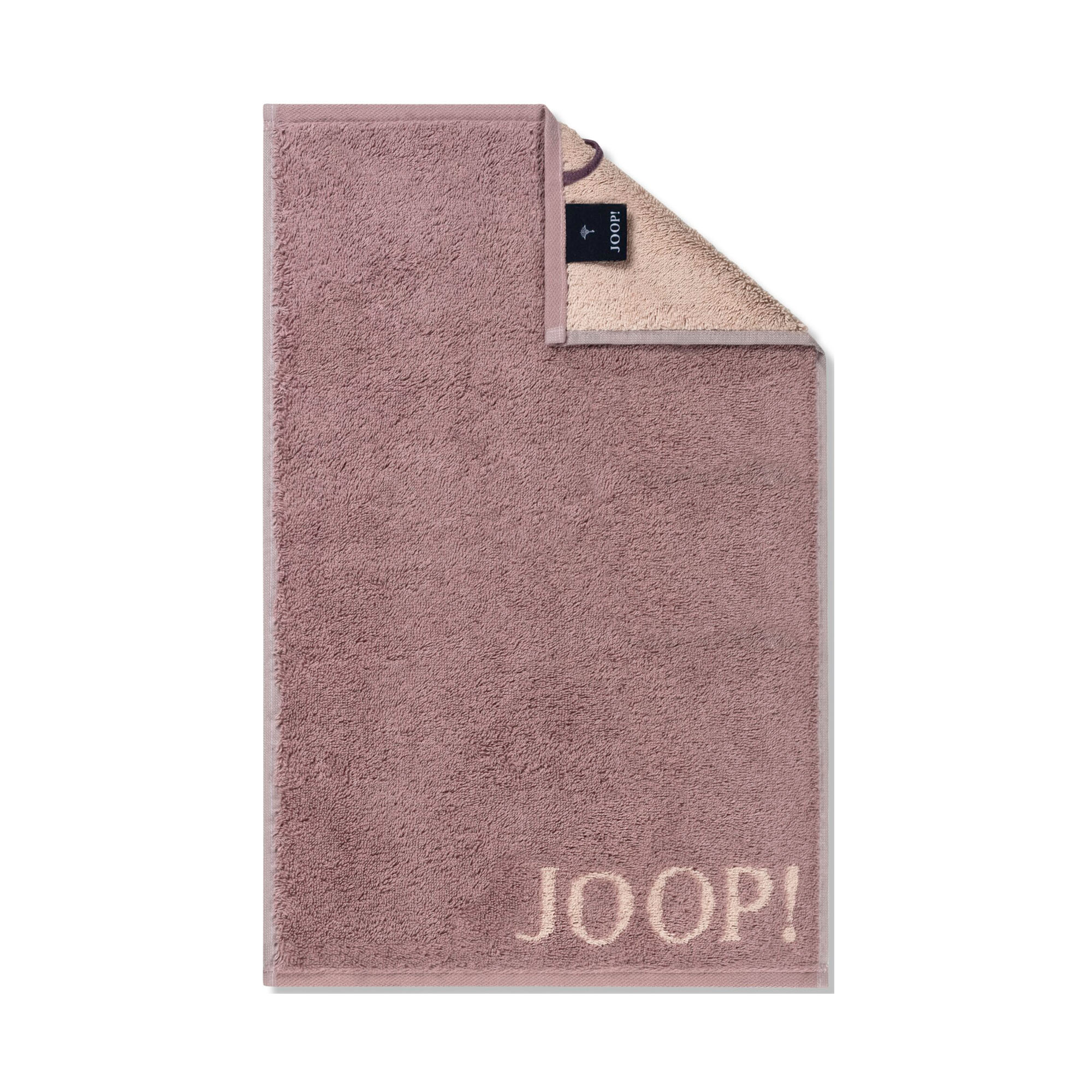 Roséfarbener JOOP! Doubleface Gästetuch, 30 × 50 cm, flach dargestellt mit umgeschlagener Ecke, kontrastierender Rückseite und JOOP!-Schriftzug am unteren Rand.