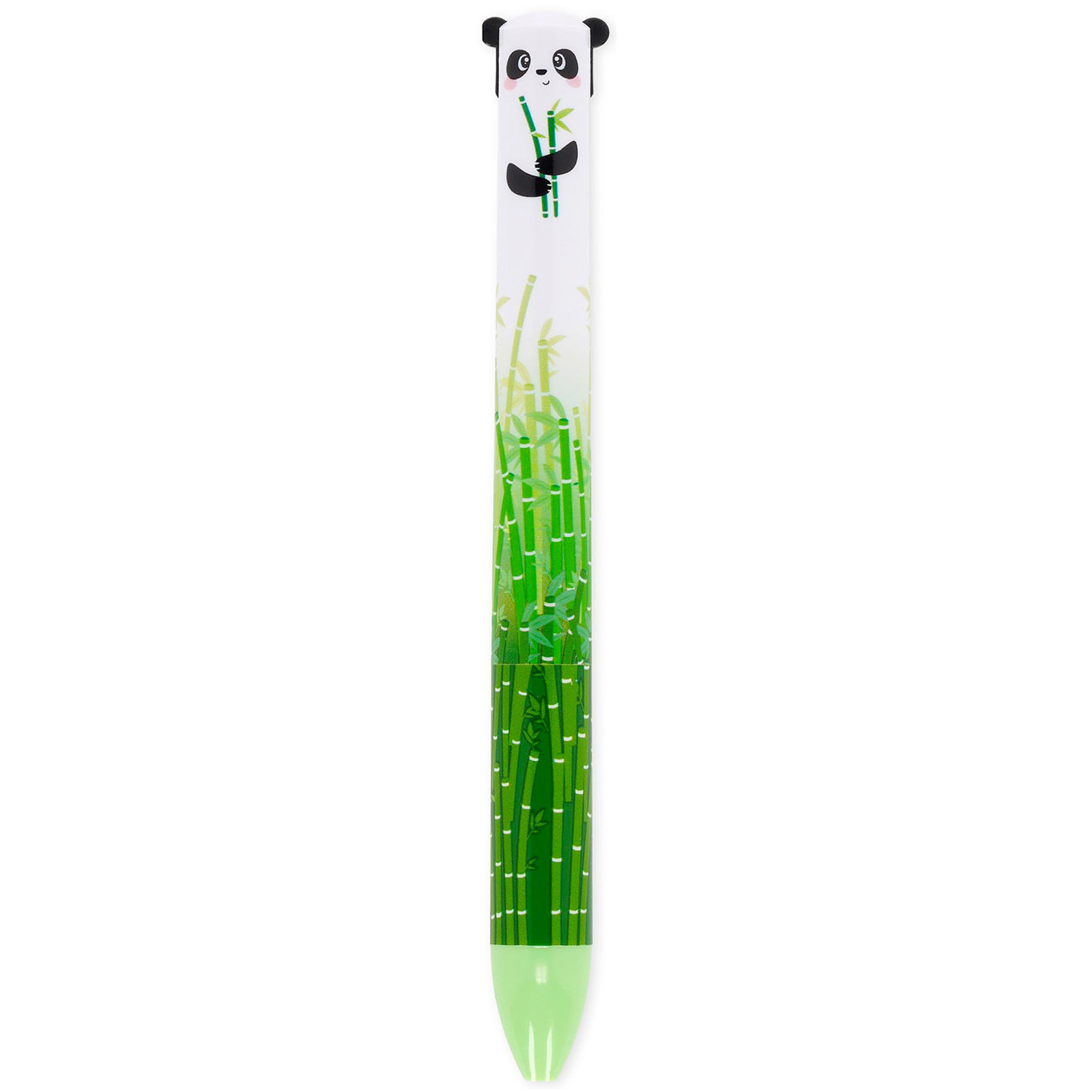 Grüner Zweifarben-Kugelschreiber im Panda-Design, senkrecht und vollständig auf weißem Hintergrund dargestellt.
