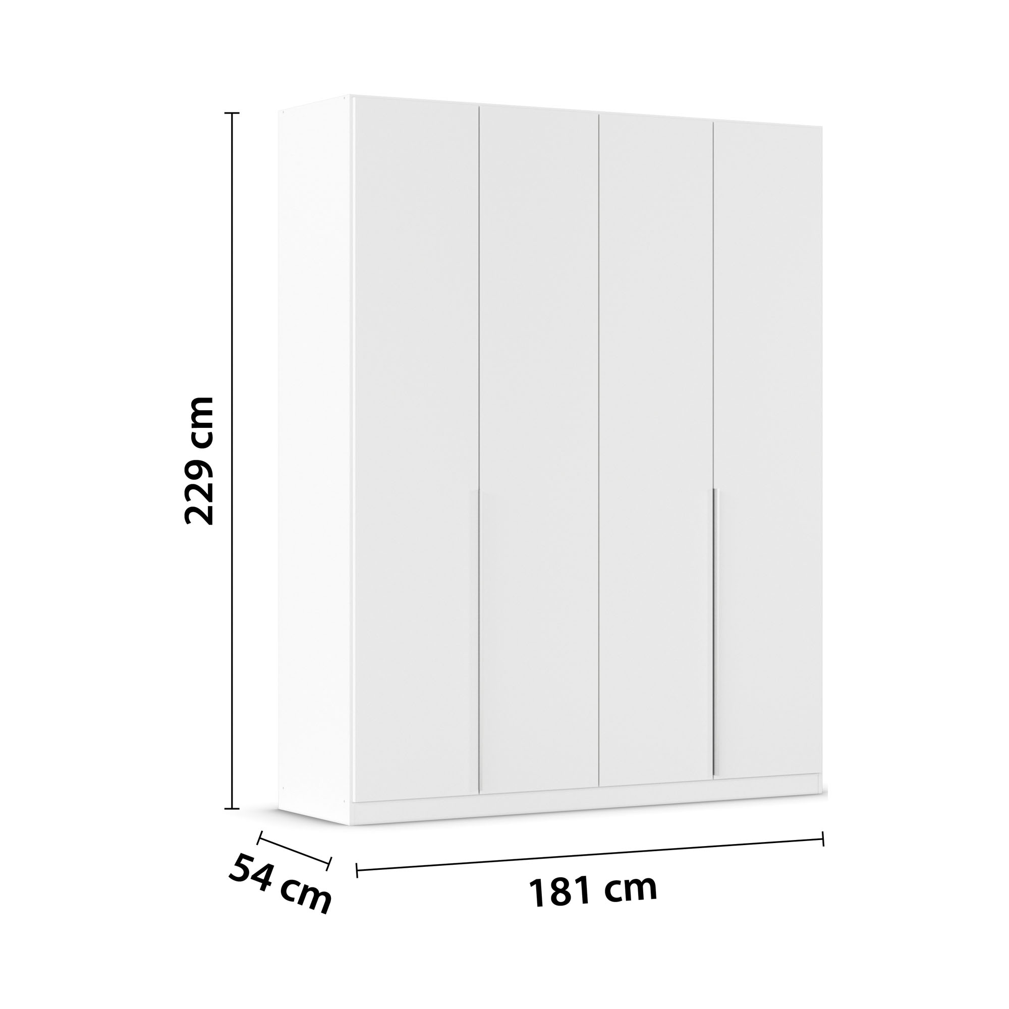 Weißer 4-türiger Kleiderschrank mit Maßen 181 cm Breite, 229 cm Höhe und 54 cm Tiefe