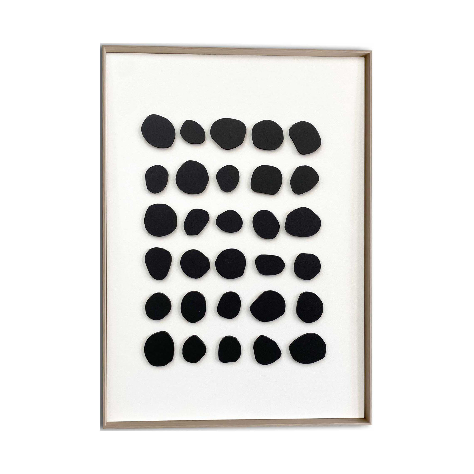 Frontansicht des Wandbilds „Black Dots“ in Schwarz-Weiß, Größe 50 × 70 cm; das vollständige Motiv ist zu sehen.