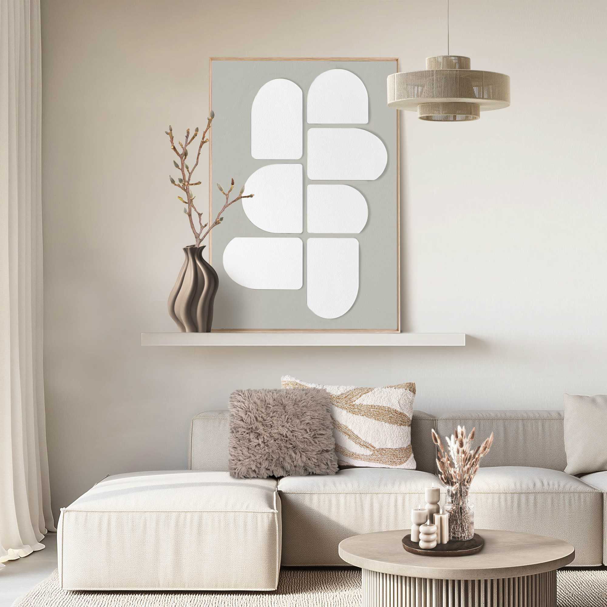 Das Wandbild „Abstract Stack“ in Weiß, 70 × 100 cm, hängt in einem eingerichteten Wohnraum und zeigt die Größenwirkung an der Wand.