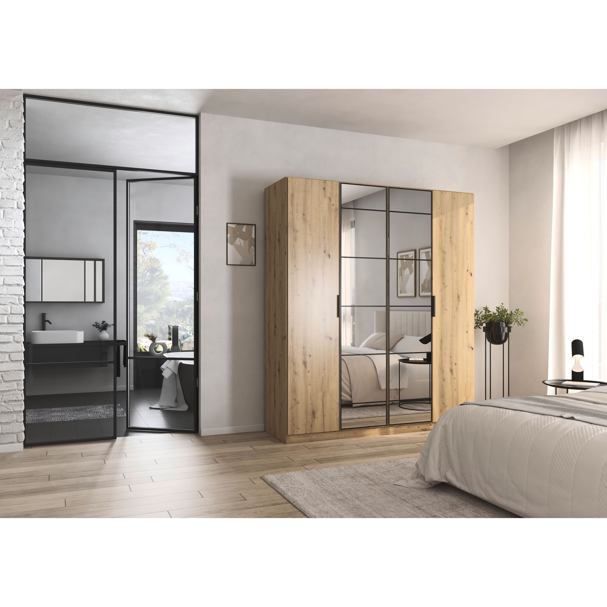 4-türiger Drehtürenschrank, die mittleren Türen als Spiegeltüren, in einem Schlafzimmer-Milieu gezeigt.