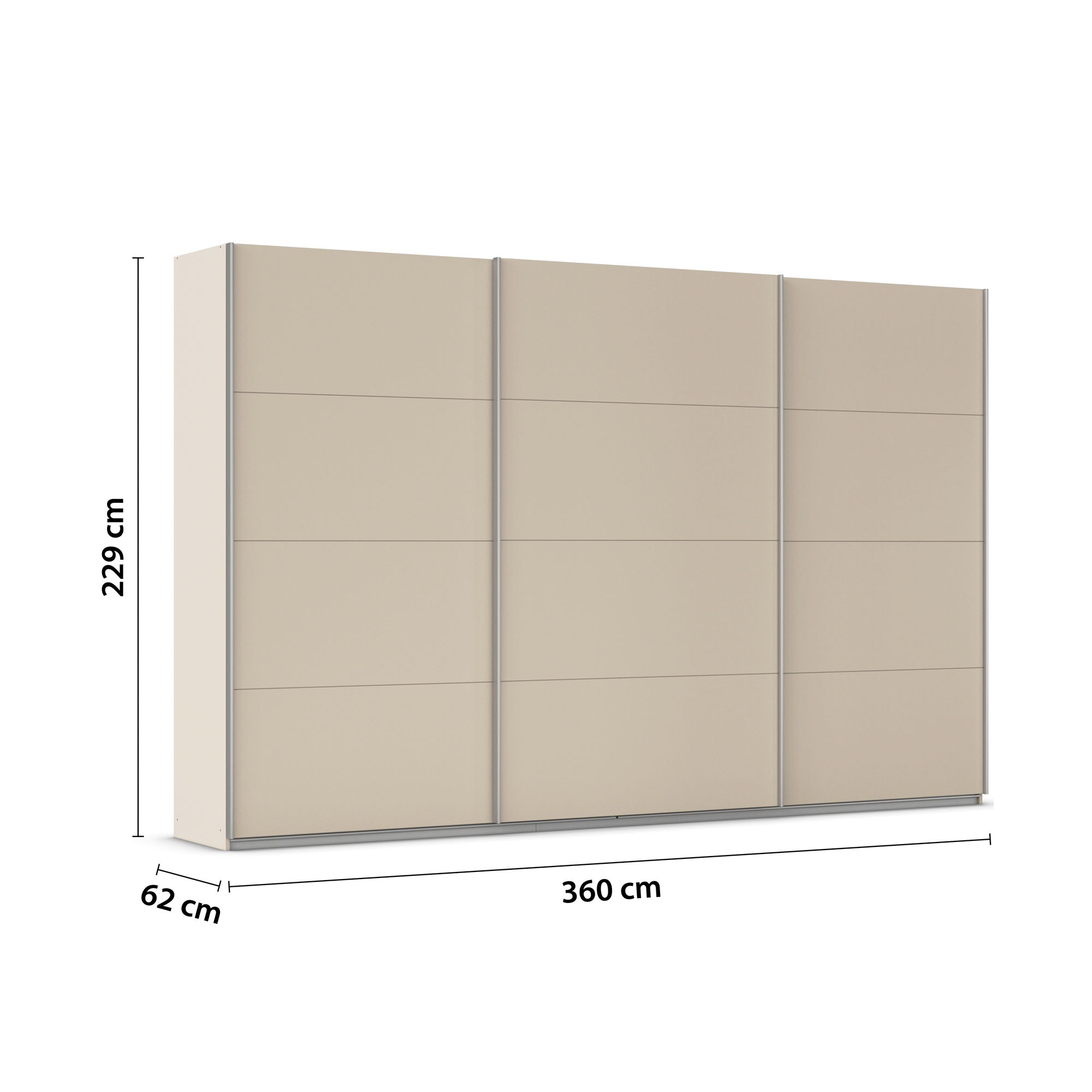Maßskizze des Schranks mit 360 cm Breite, 229 cm Höhe und 62 cm Tiefe