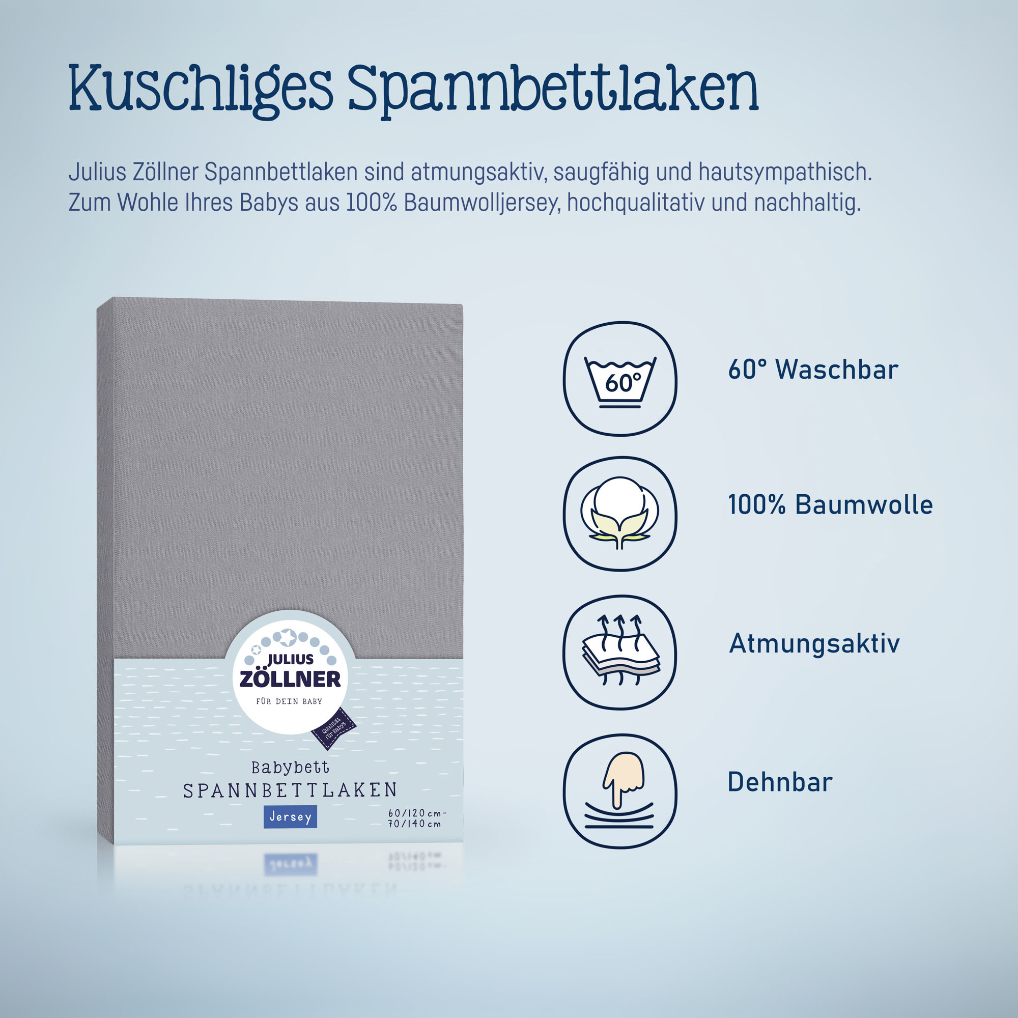 Verpacktes dunkelgraues Julius Zöllner Spannbettlaken mit grafischen Symbolen zu 60° Waschbarkeit, 100 % Baumwolle, Atmungsaktivität und Dehnbarkeit