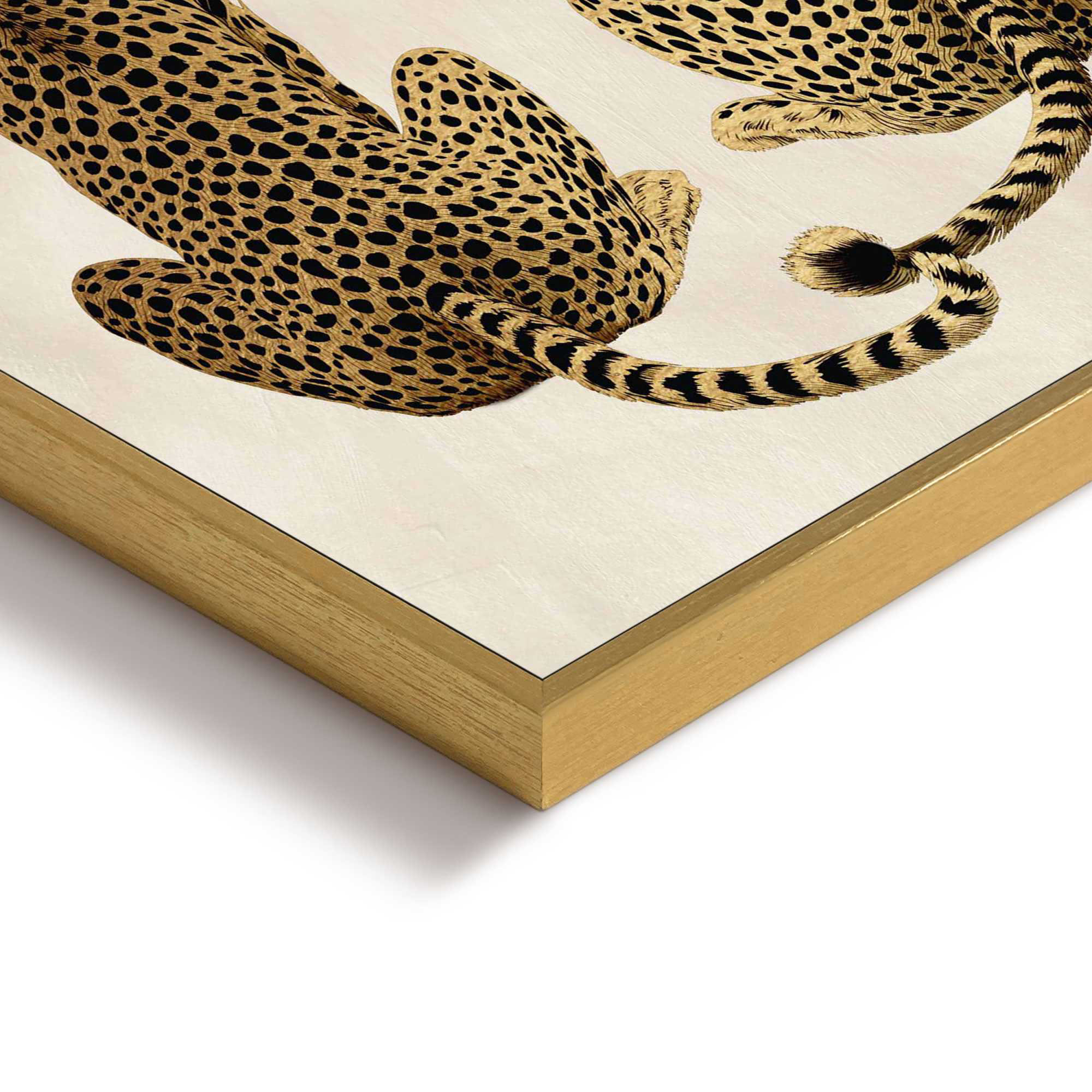 Detailaufnahme einer Ecke des Wandbilds „Loving Cheetas“, 30 × 40 cm; Oberfläche, Kante und Materialstärke sind sichtbar.
