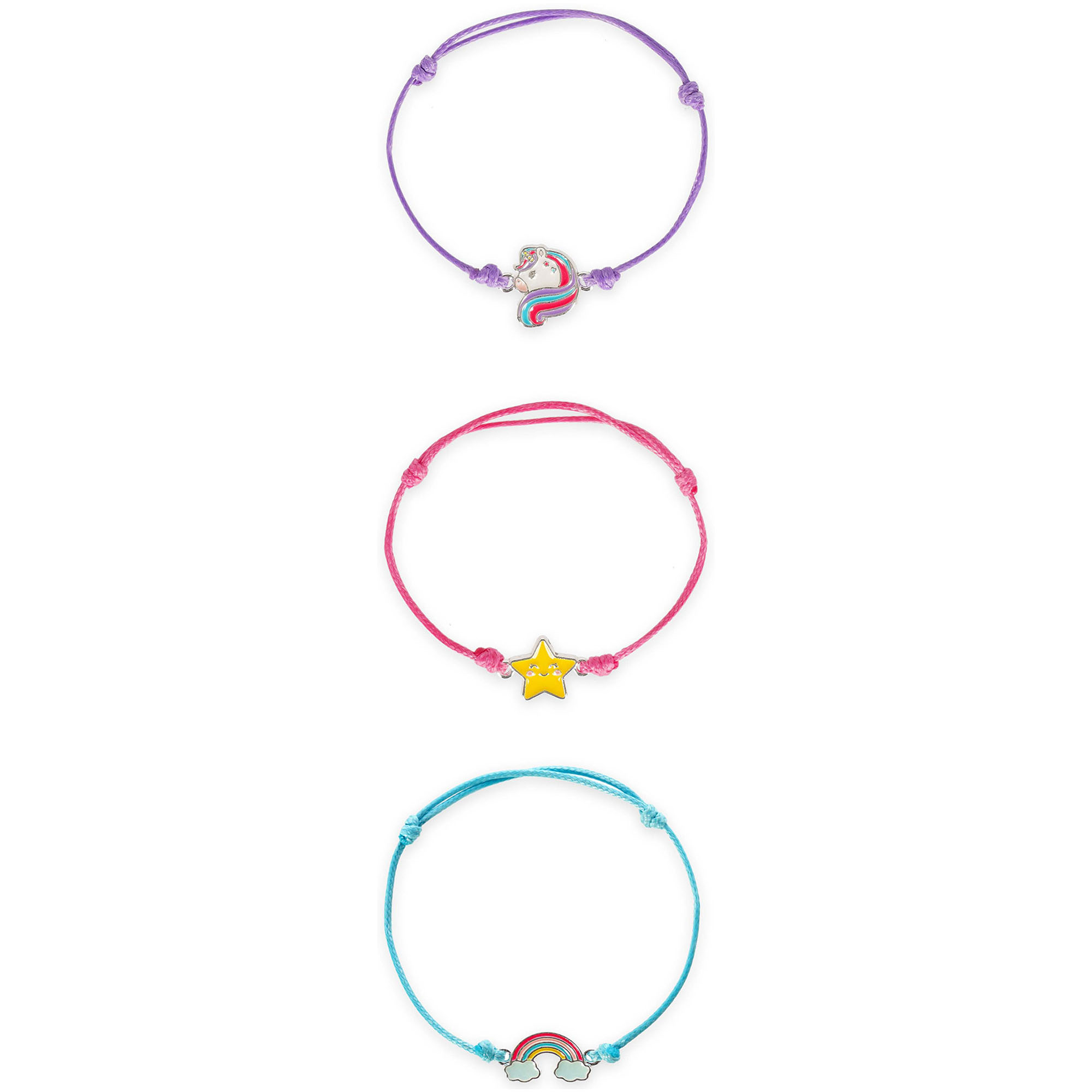 Drei Armbänder mit Einhorn-, Stern- und Regenbogenanhänger, mit drei Armbändern einzeln untereinander dargestellt.