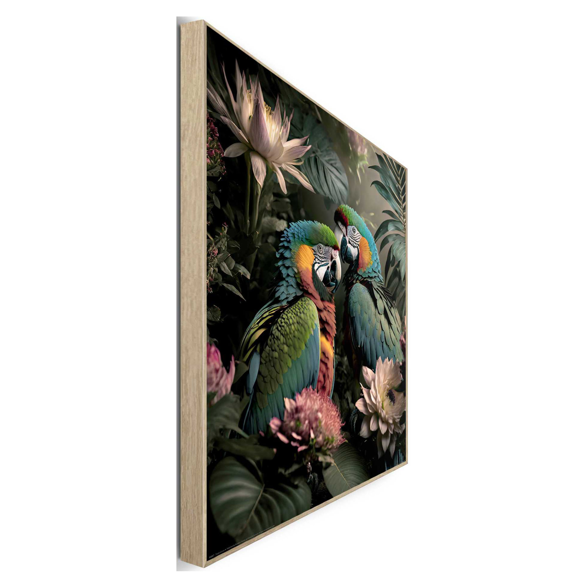 Seitliche Schrägansicht des Wandbilds „Tropical Love“, 50 × 40 cm; Profil, Kante und Tiefe des Bildes sind erkennbar.