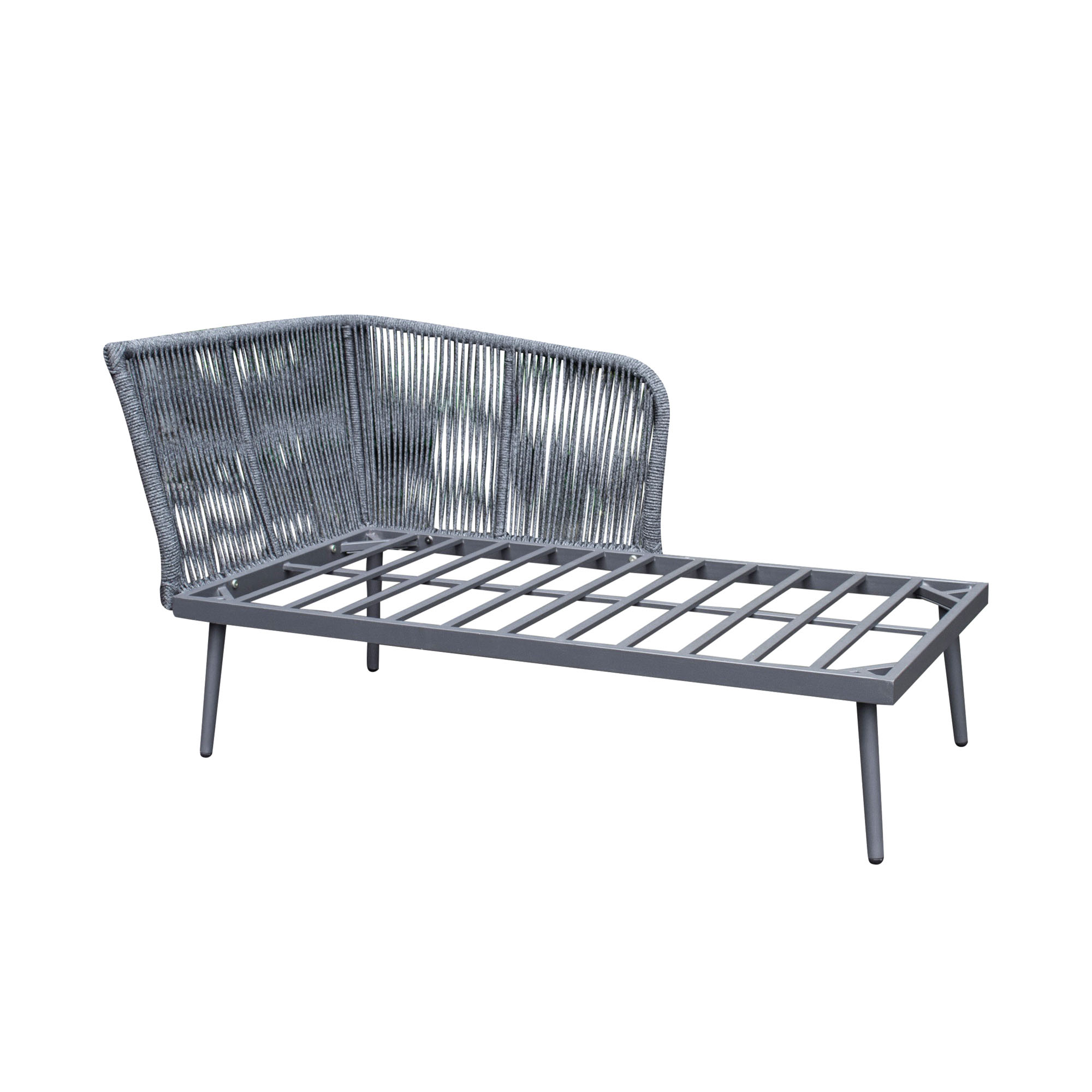 Gartensofa ohne Sitz und Rückenkissen in seitlicher Ansicht mit sichtbarem Gestell vor weißem Hintergrund