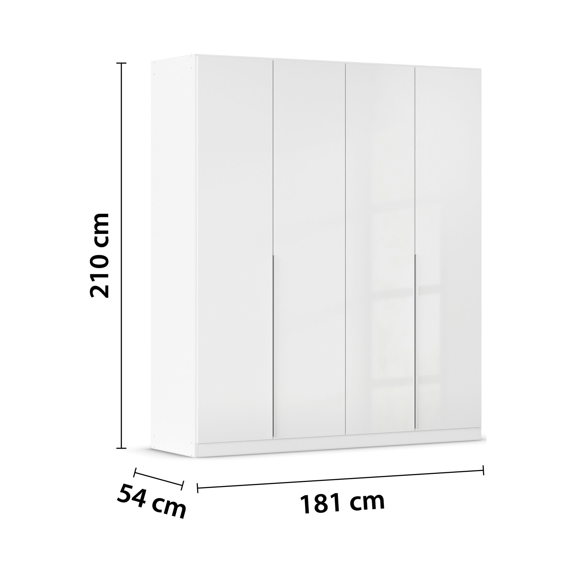 Weißer Drehtürenschrank in Hochglanz mit vier Türen und den Maßen 181 cm Breite, 210 cm Höhe und 54 cm Tiefe