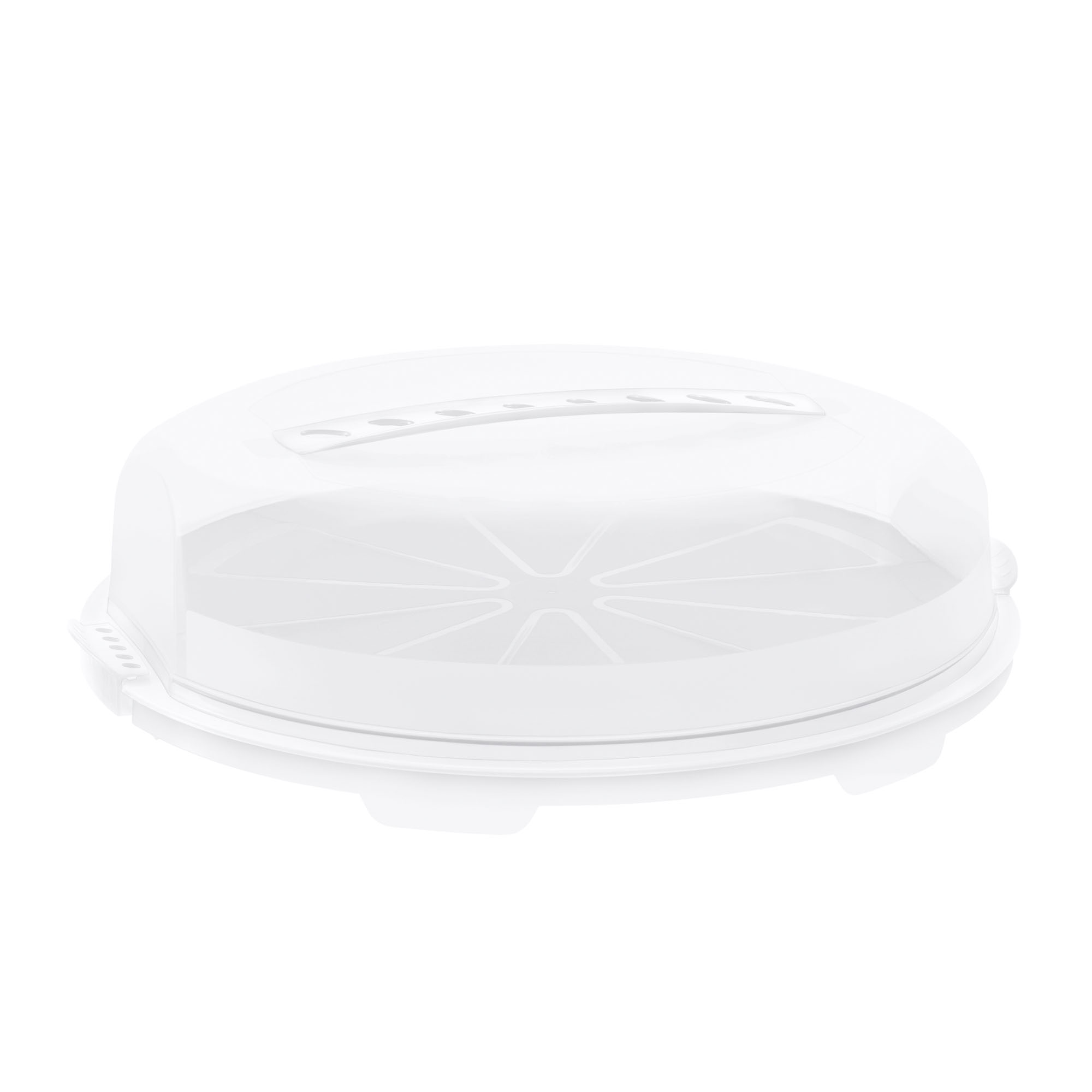 Runde transparente Kuchenhaube mit weißem Unterteller