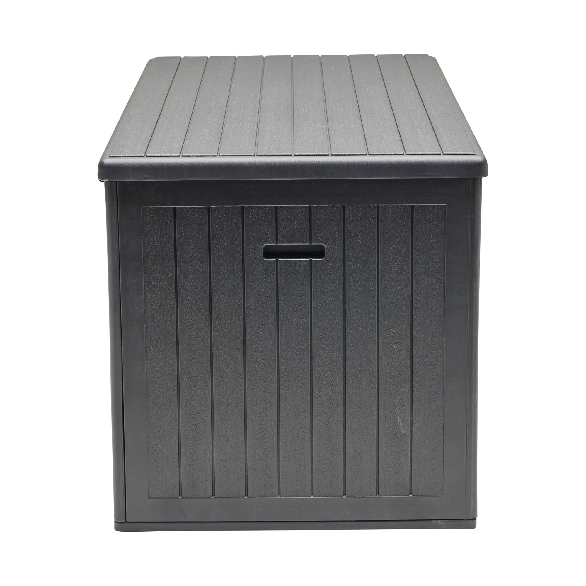 Rechteckige Aufbewahrungsbox mit geschlossenem Deckel von der Stirnseite
