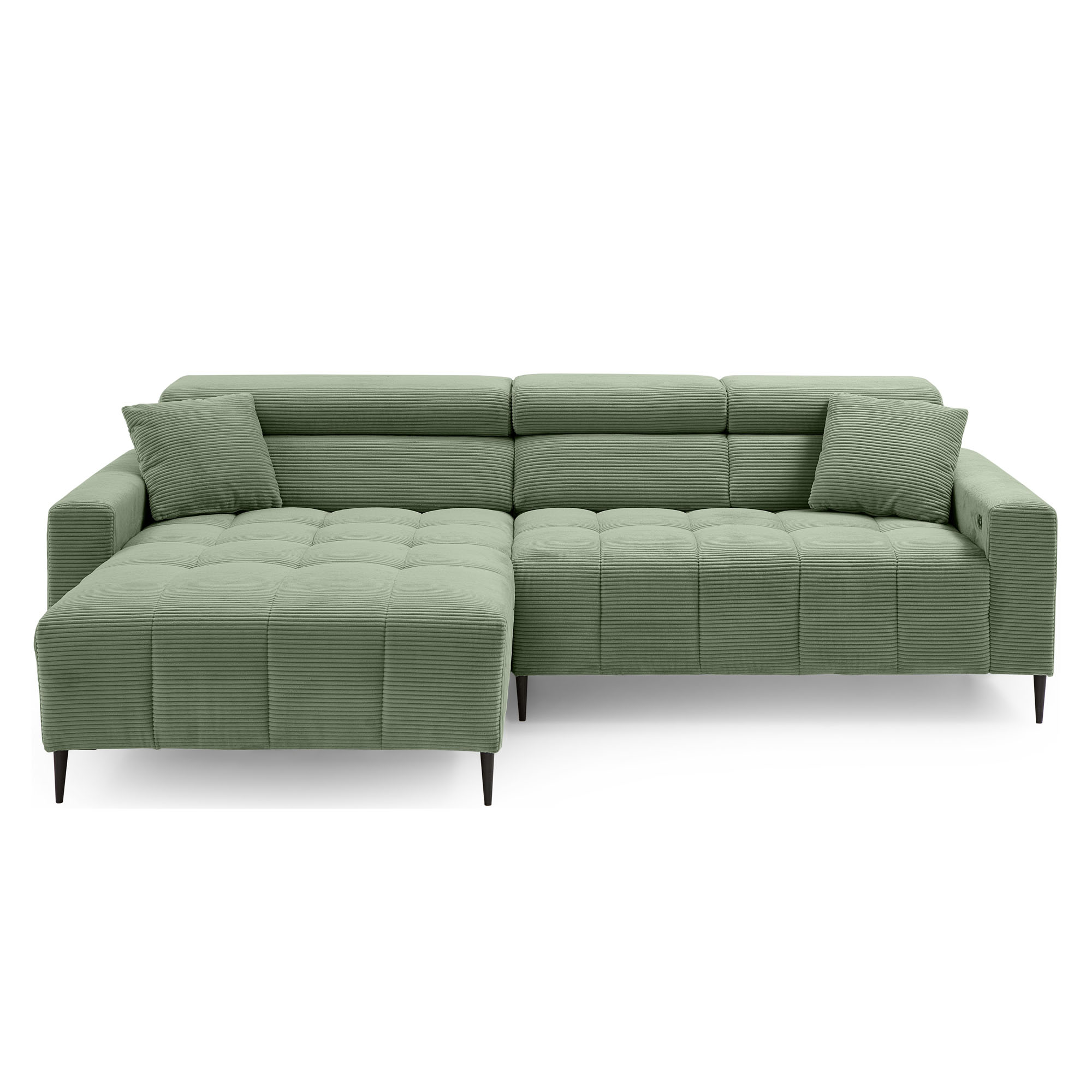 Stilvolles Ecksofa in grünem Cordbezug mit klaren Linien und schwarzen Füßen, moderne Wohnoptik.