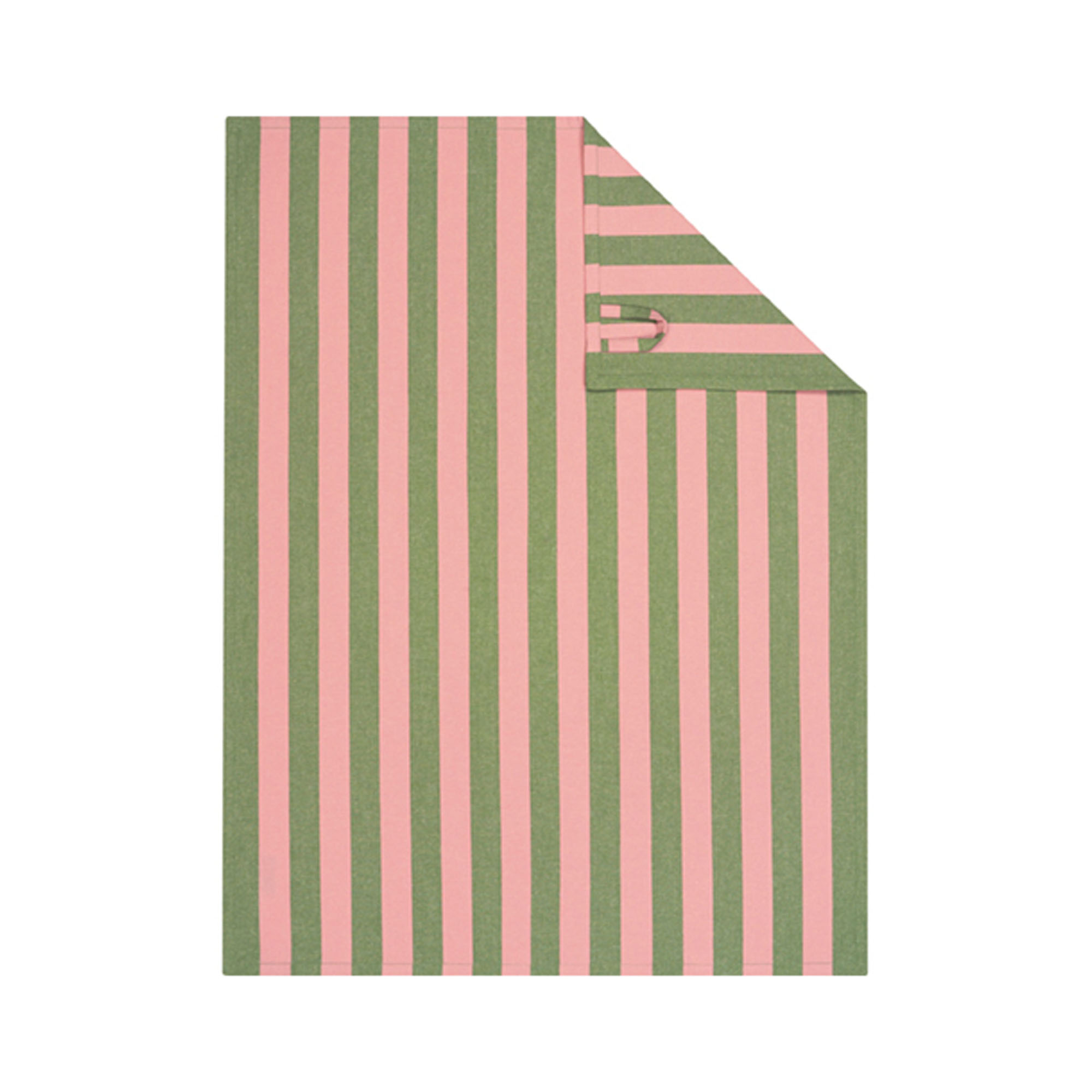 Geschirrtuch mit breiten rosa und olivgrünen Längsstreifen; eine obere Ecke zeigt die Rückseite des Tuchs.