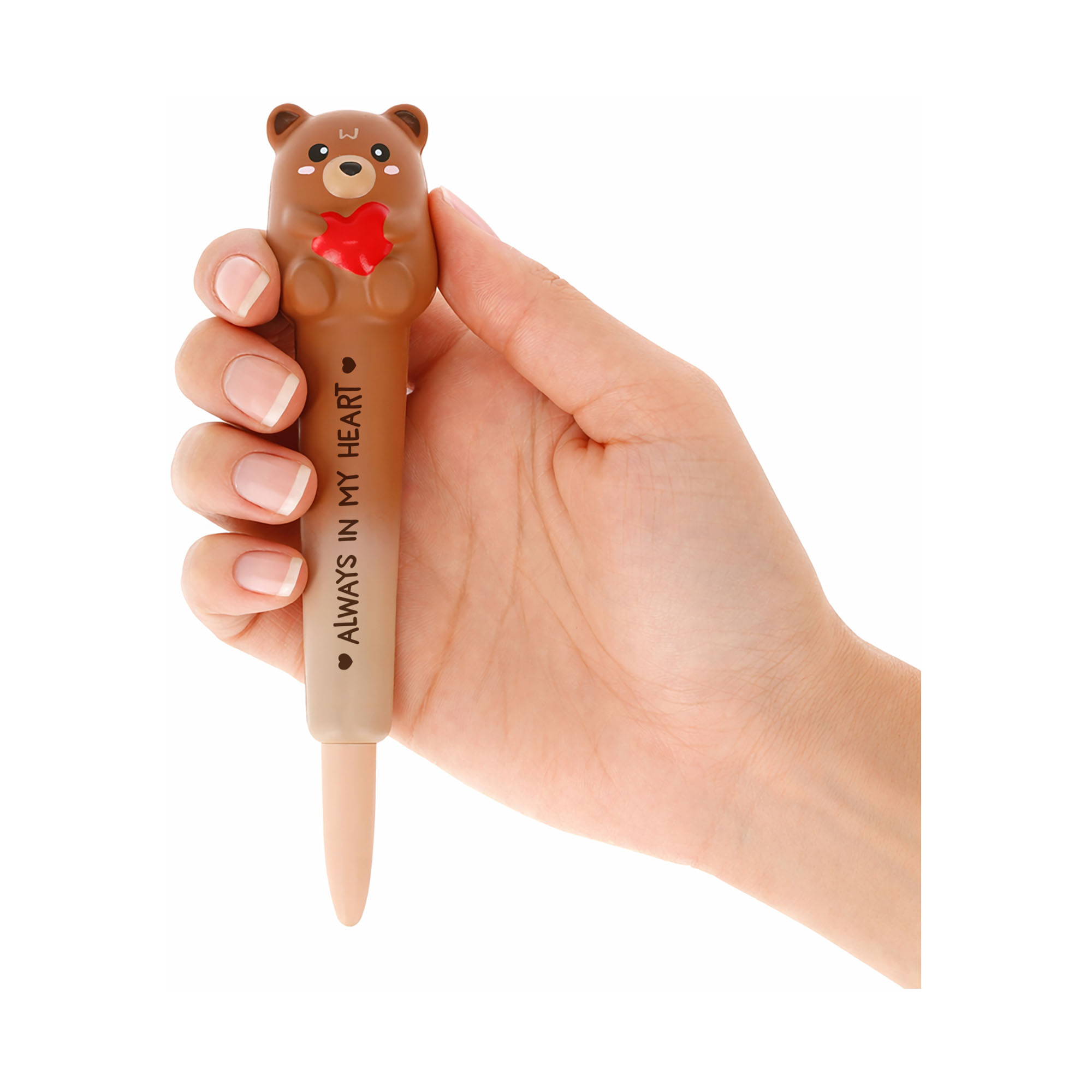 Brauner Gelstift mit Teddybär-Aufsatz, aufrecht in einer Hand gehalten gezeigt.