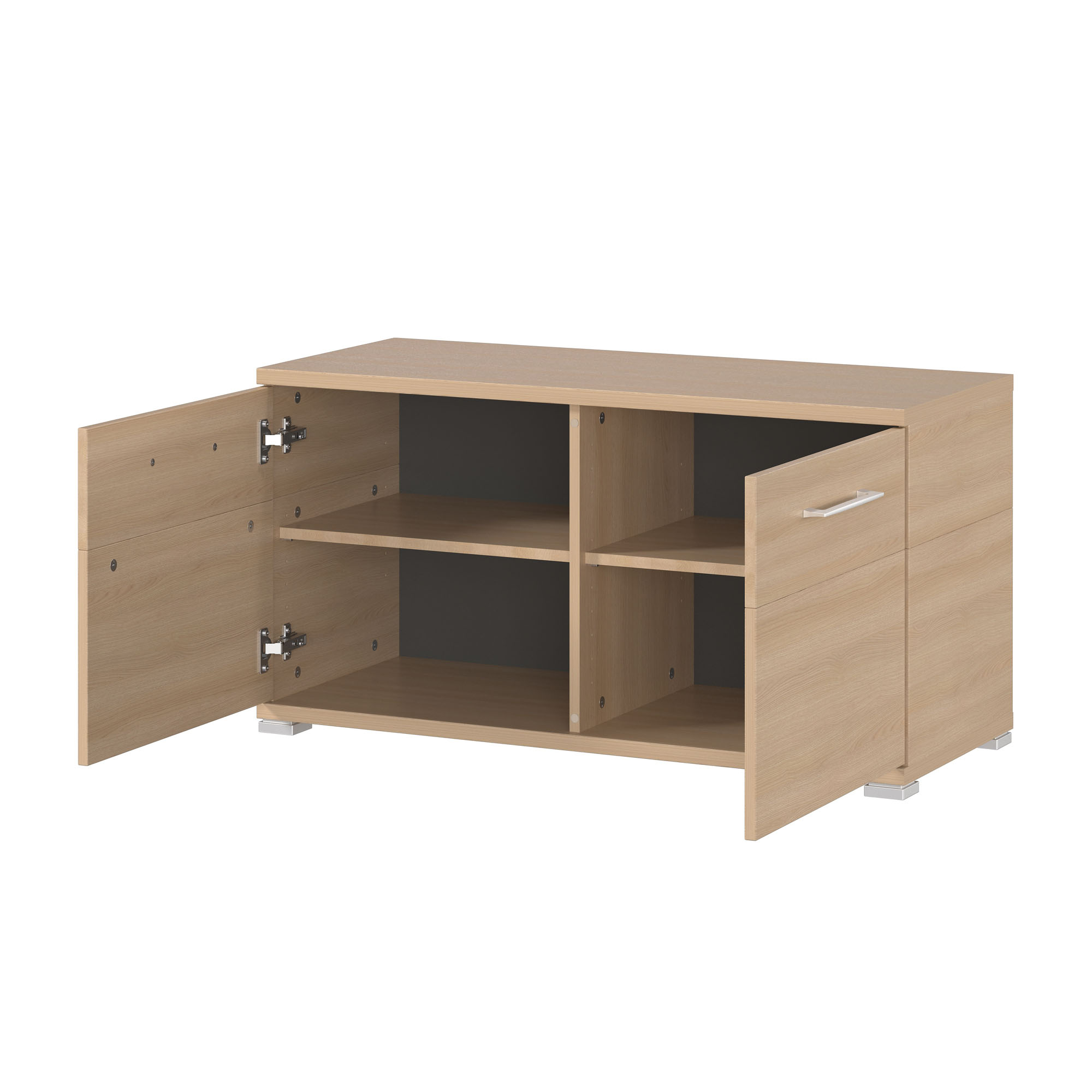 Sitzbank aus Holzoptik mit geöffneten Türen und sichtbaren Innenfächern