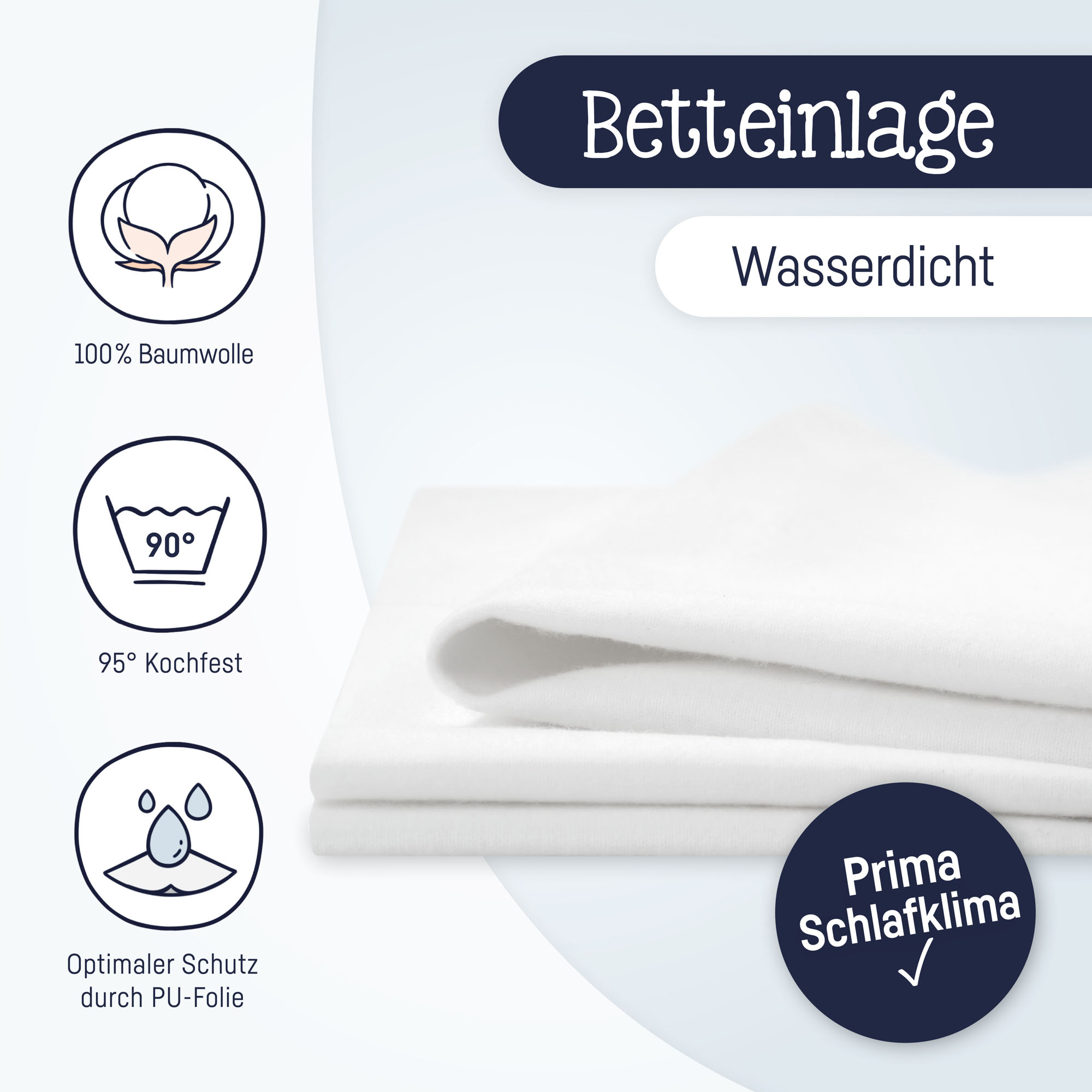 Weiße wasserdichte Betteinlage mit Symbolen zu Baumwolle, Kochfestigkeit und PU-Folie sowie Text „Prima Schlafklima“