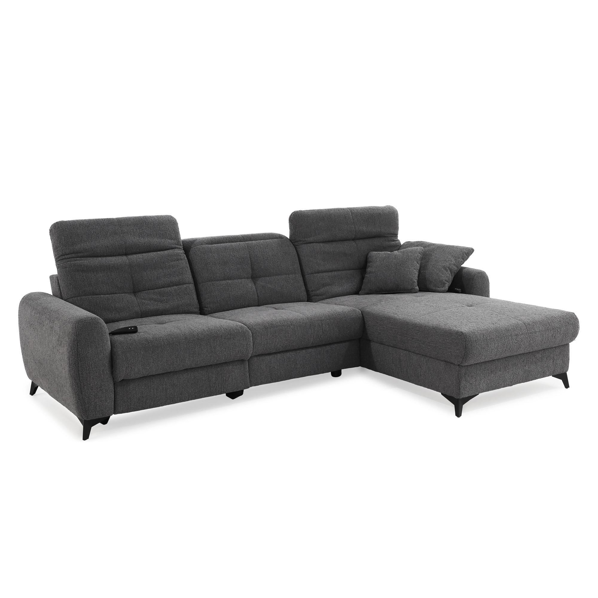 Modernes graues Ecksofa mit angehobenen Rückenlehnen und großzügiger Ottomane