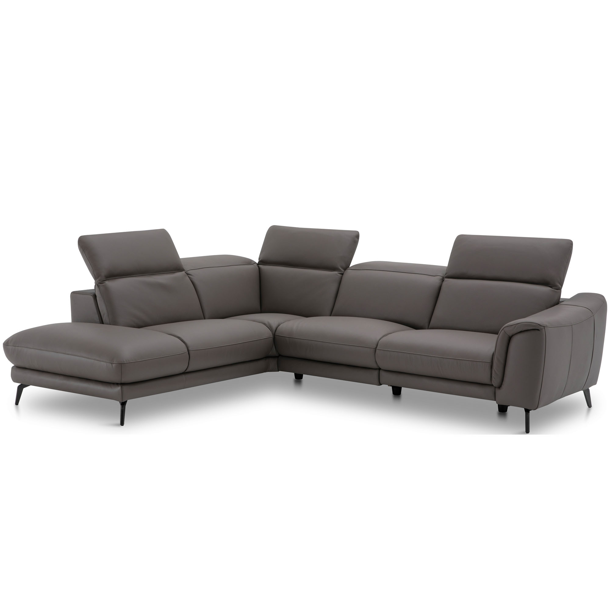 Graues Ecksofa in L Form mit mehrfach verstellbaren Kopfstützen und Metallfüßen