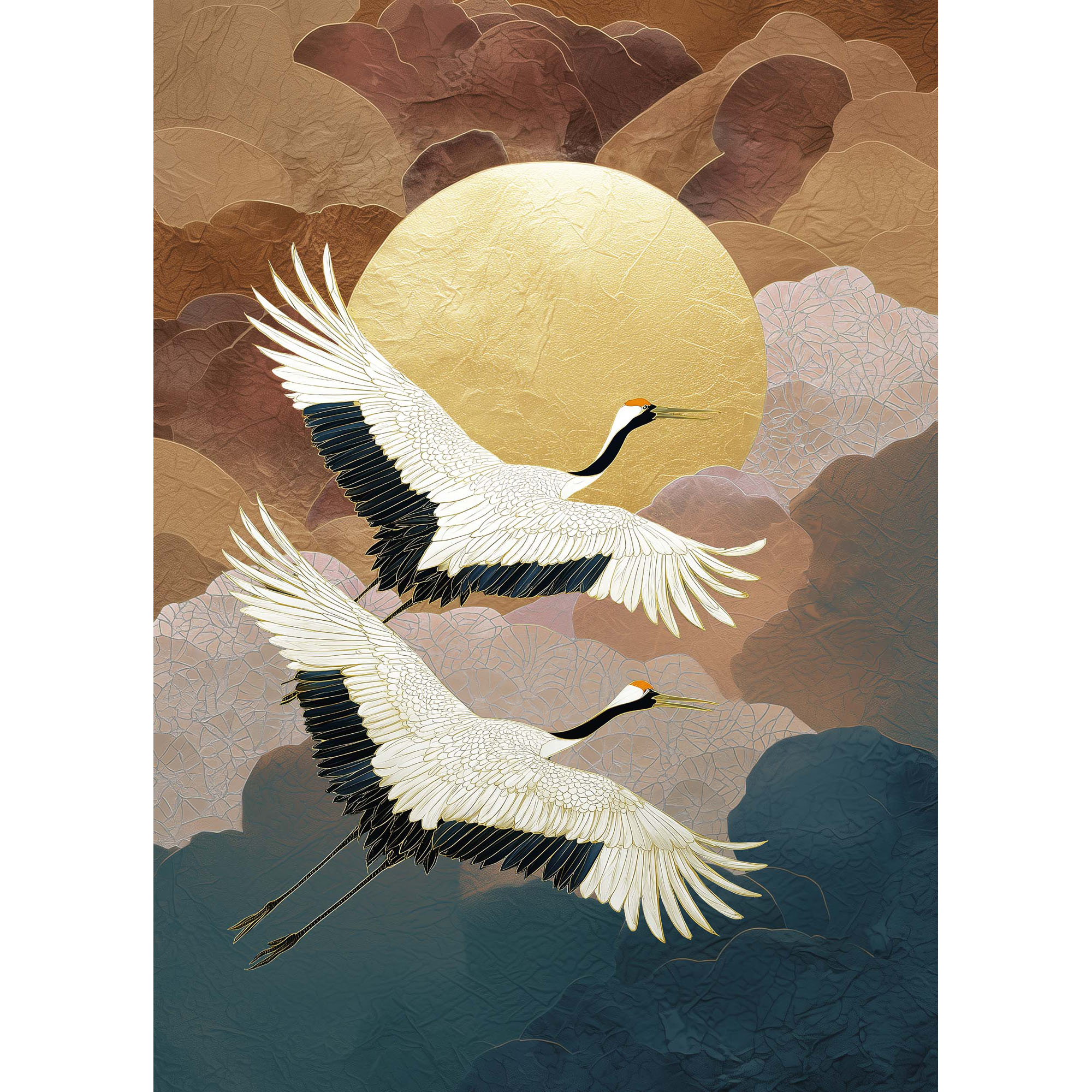 Hochformatiges Wandbild mit fliegenden weißen Kranichen vor einer großen goldgelben Sonne, braunen Wolken und dunkelgrüner Landschaft