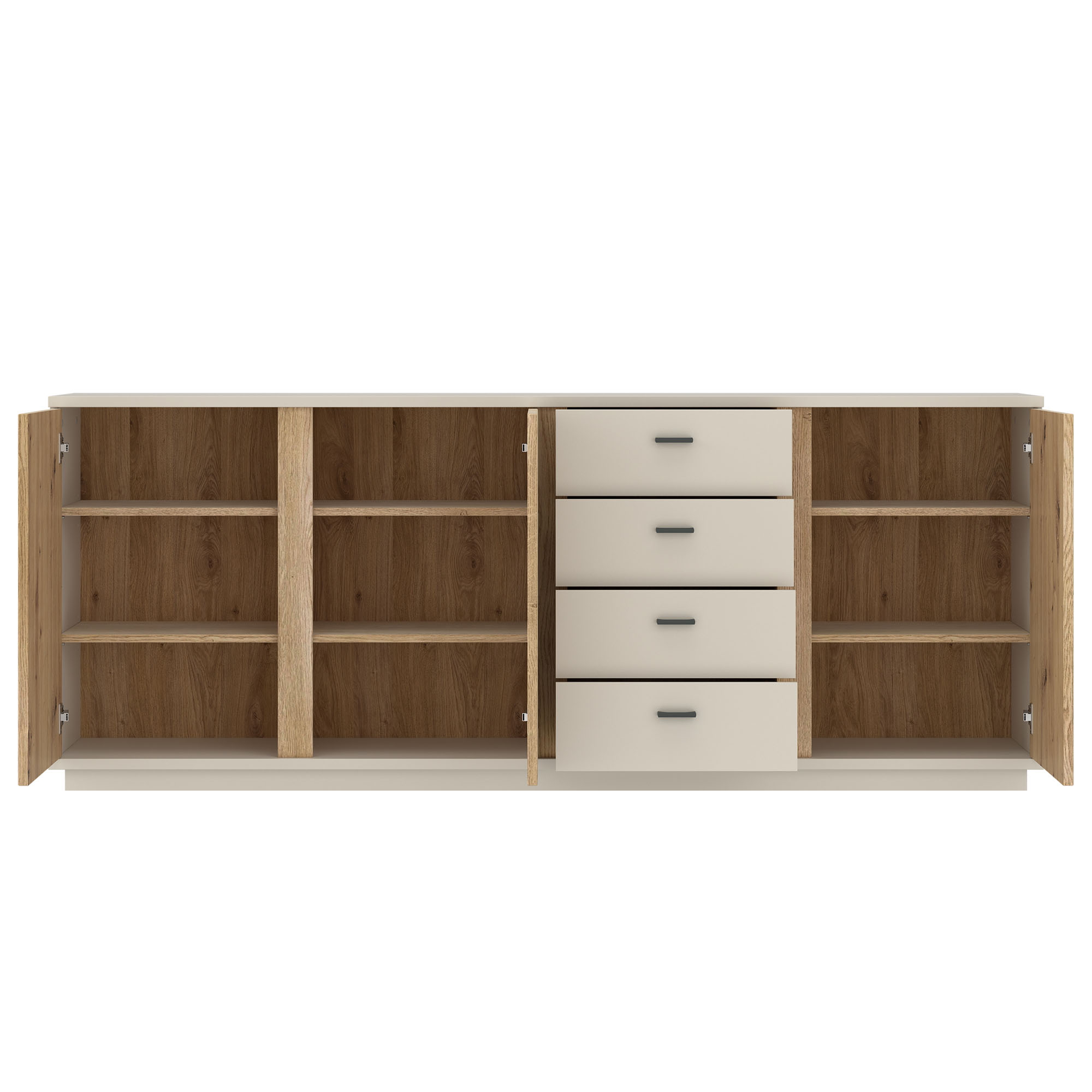 Geöffnetes Sideboard in Holzoptik mit vier Schubladen und mehreren Einlegeböden für großzügigen Stauraum