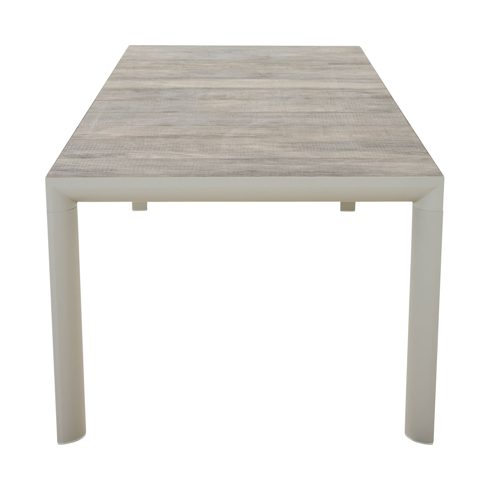 Gartentisch mit grauer Tischplatte aus Holzoptik-Elementen mit minimalem Abstand und hellgrauem Gestell, frontal aufgenommen.