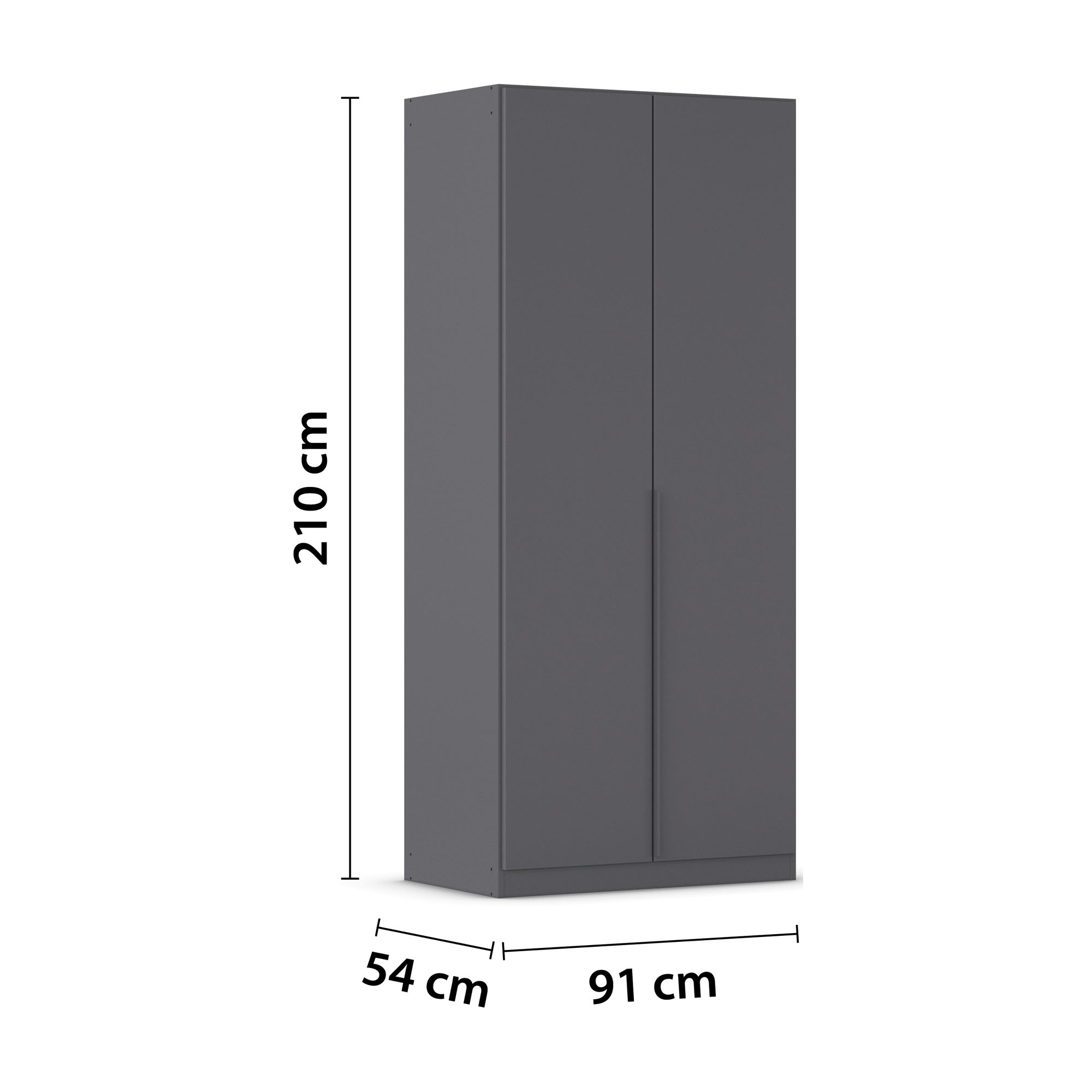 Grau-Metallicer 2-türiger Kleiderschrank mit Maßangaben Breite 91 cm, Höhe 210 cm und Tiefe 54 cm