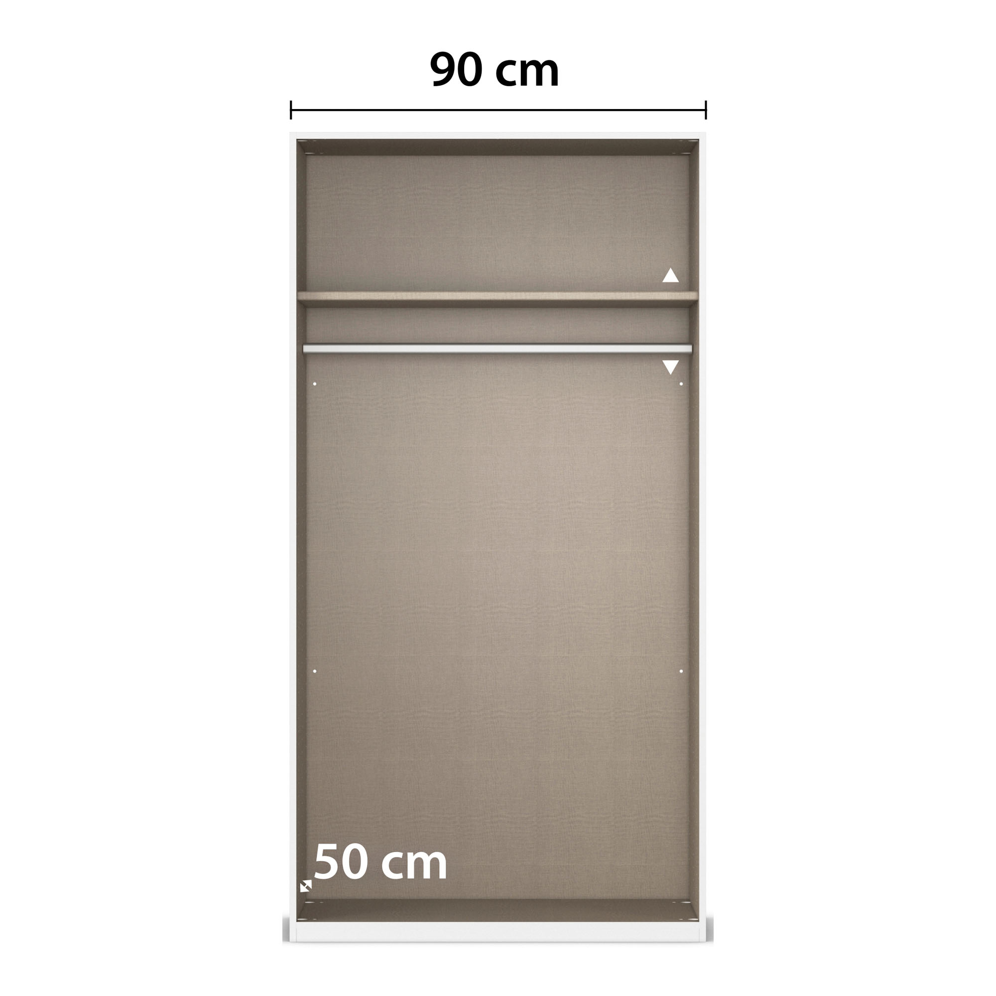 Innenansicht eines Kleiderschranks mit Maßangaben von 90 cm Breite und 50 cm Tiefe sowie Fachboden und Kleiderstange