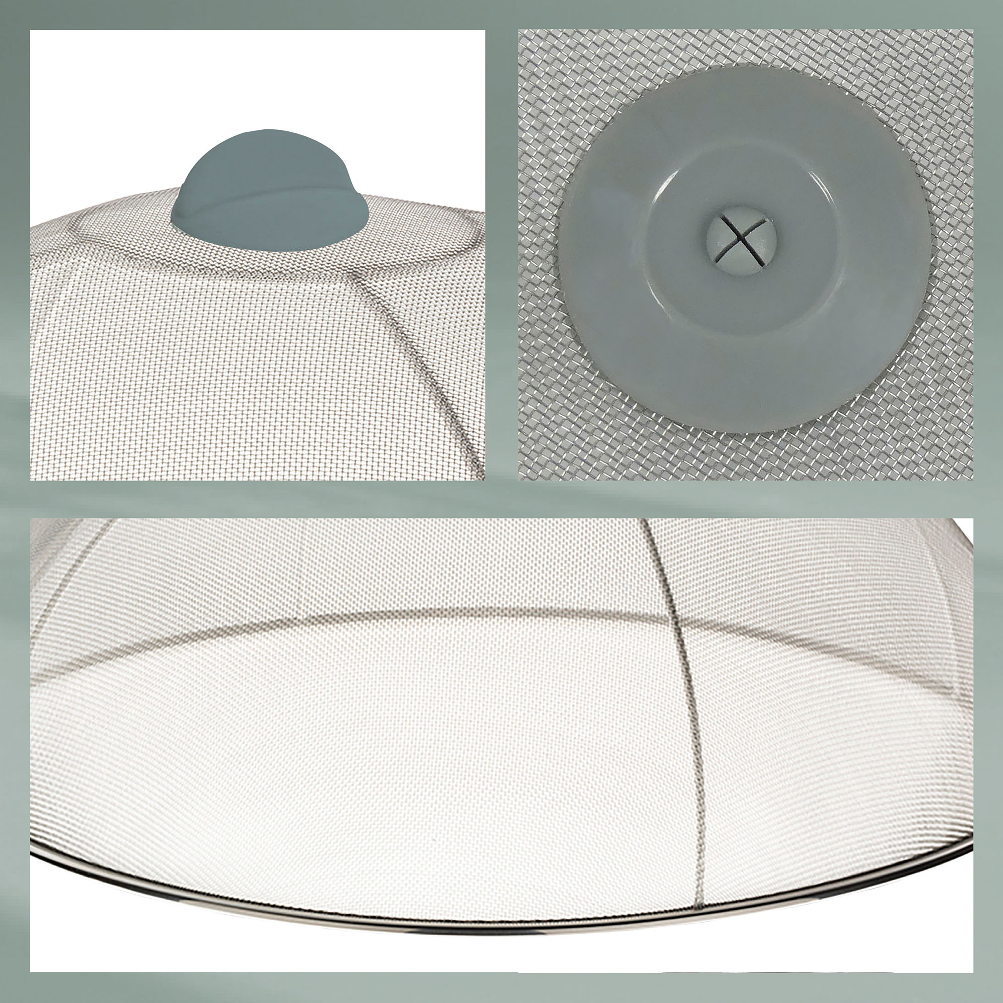 Bildcollage mit Detailansichten der Speisenetzhaube mit Griff, Netzgewebe und stabilem Rahmen
