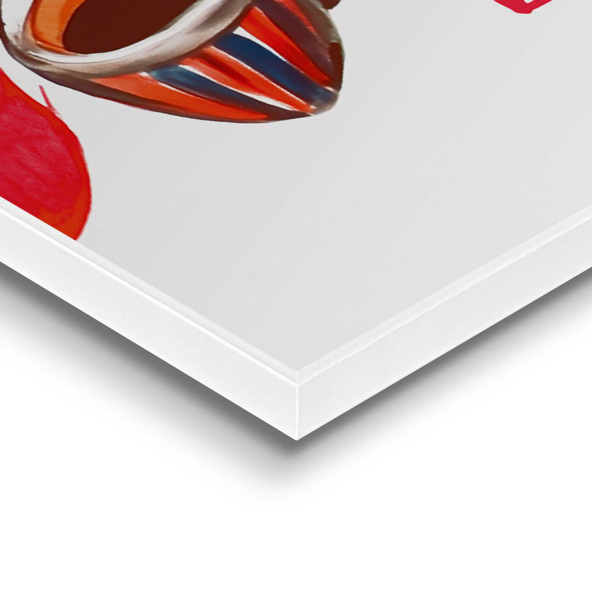 Detailaufnahme einer Ecke des Wandbilds „Many Coffees“, 40 × 50 cm; Oberfläche, Kante und Materialstärke sind sichtbar.