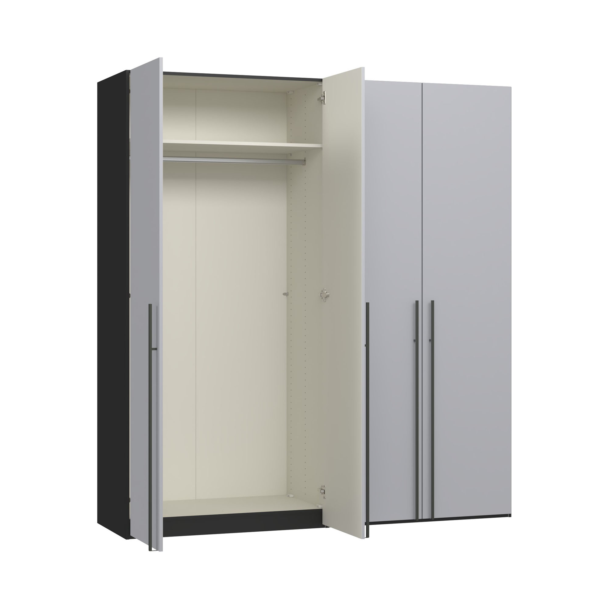 Kleiderschrank mit geöffneter linker Tür und Innenraum mit Einlegeboden und Kleiderstange