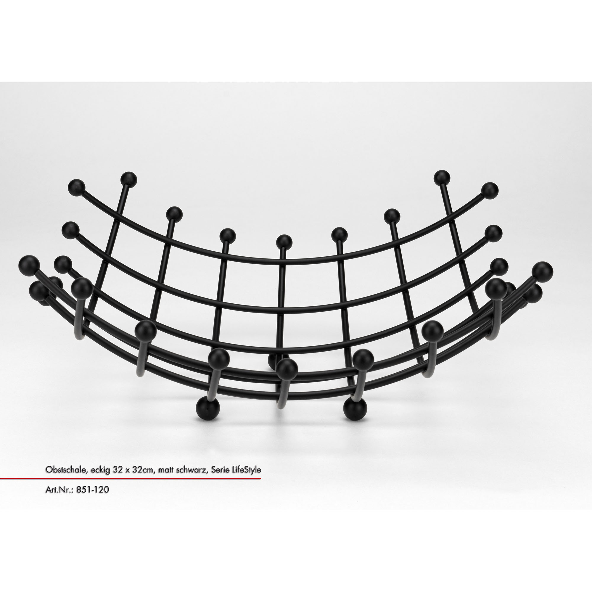 Obstschale 34 x 34 cm schwarz Life Style: schwarze geschwungene Draht-Obstschale mit Kugelabschlüssen in niedriger Frontansicht.