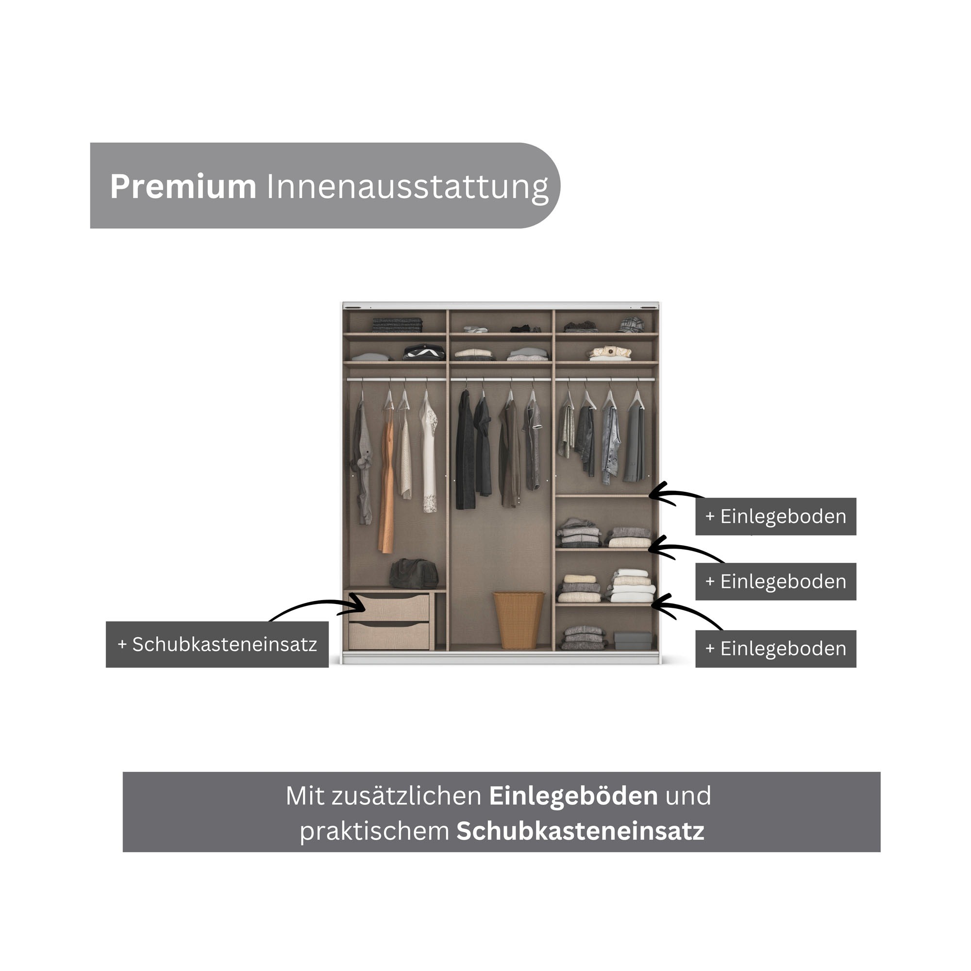 Innenansicht eines Kleiderschranks mit Kleiderstangen, Einlegeböden und integriertem Schubkasteneinsatz