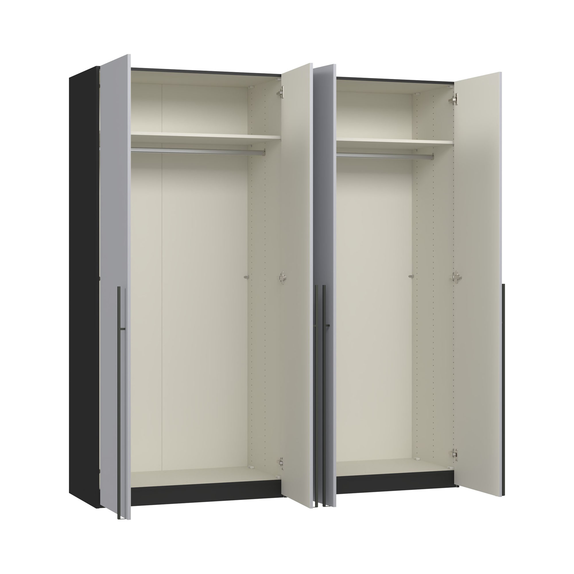 Kleiderschrank mit mehreren geöffneten Drehtüren und sichtbarer Innenaufteilung mit Einlegeböden und Kleiderstangen