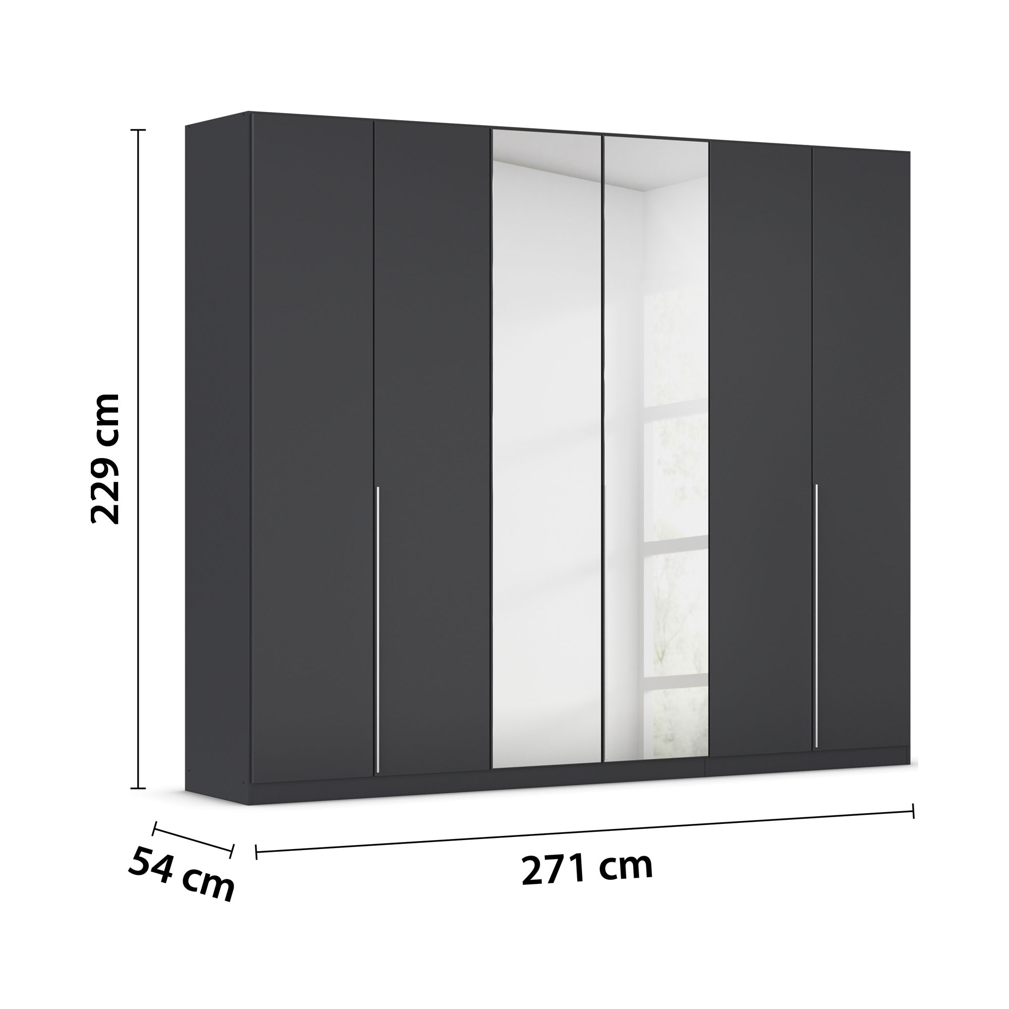 Grau-Metallicer Kleiderschrank mit Spiegeltüren und Maßangaben 271 cm Breite, 229 cm Höhe und 54 cm Tiefe