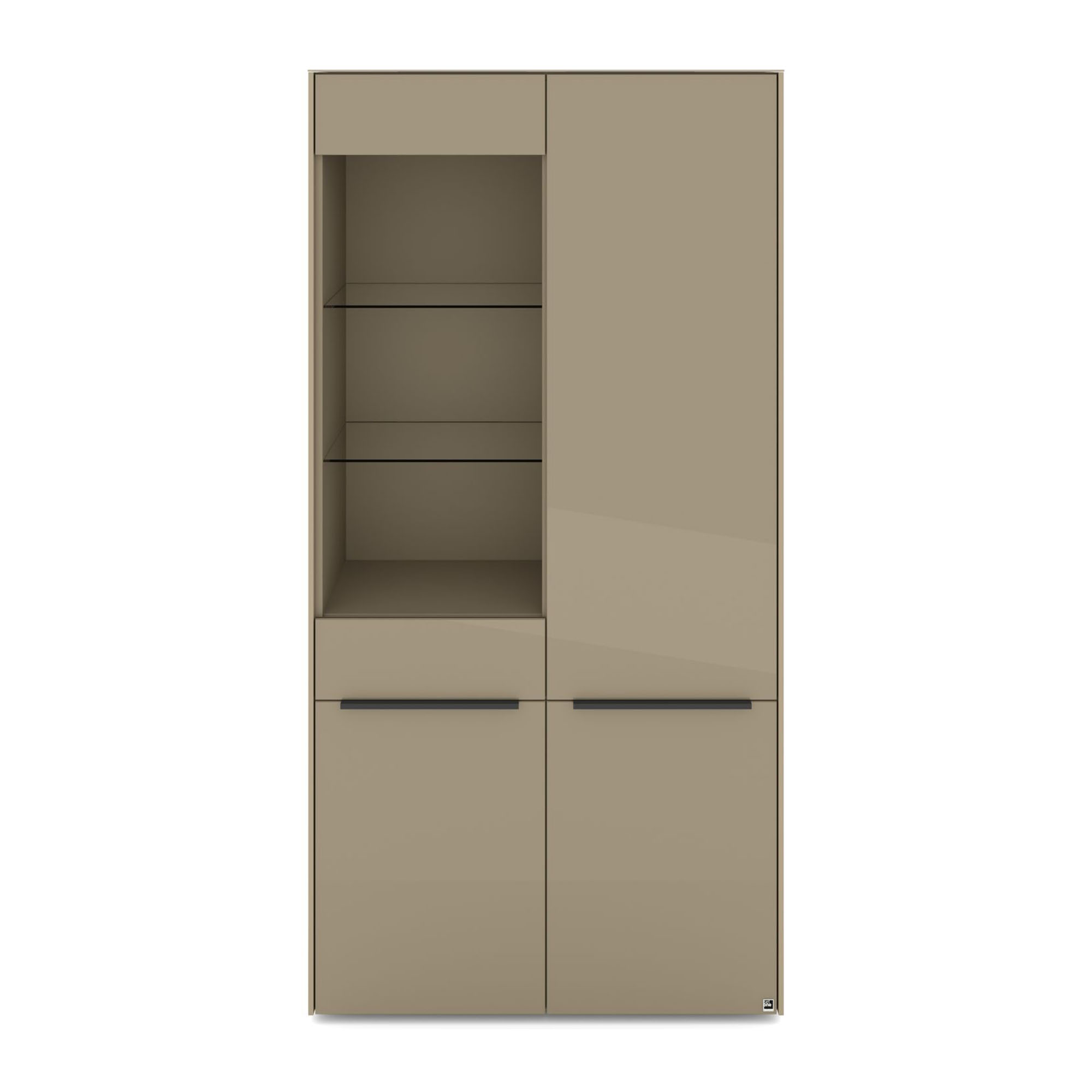 Taupe-Vitrine mit graphitschwarzen Griffen