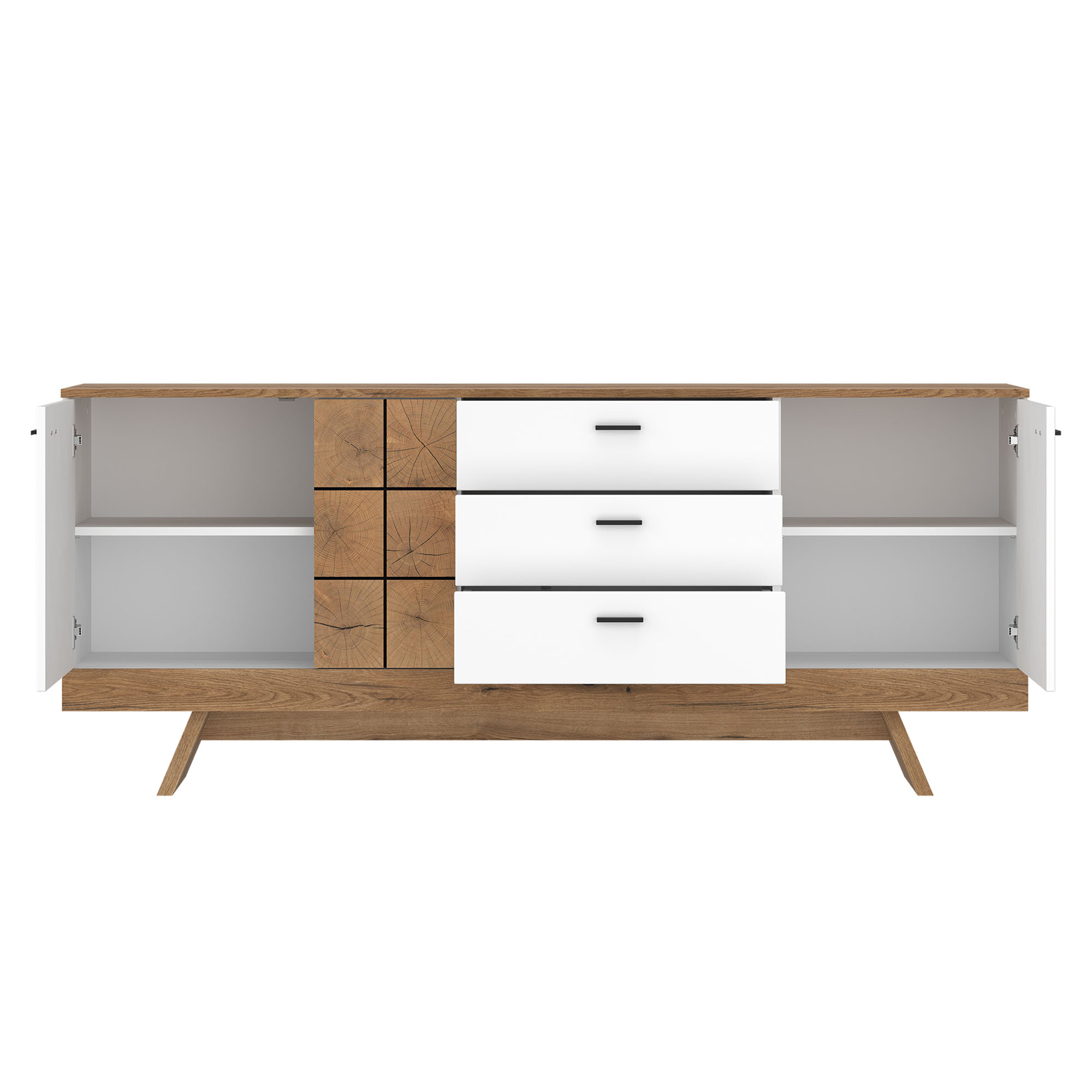 Geöffnetes Sideboard mit drei Schubladen, zwei Türen und großzügigem Stauraum hinter Einlegeböden und Schubkästen