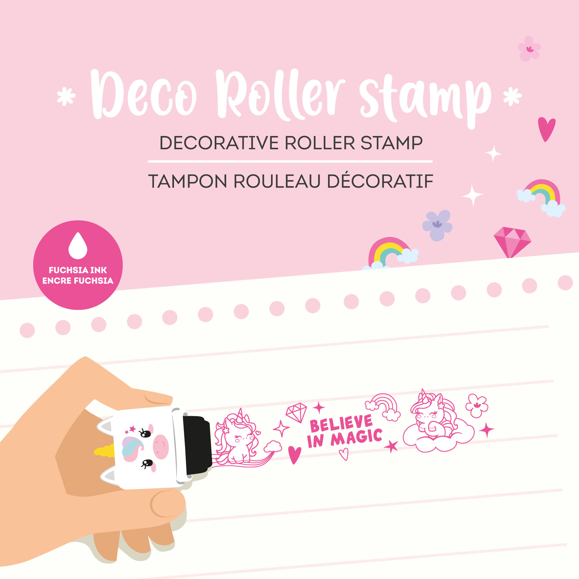 Weißer Deko-Rollstempel im Einhorn-Design, in einer Grafik beim Rollen eines fortlaufenden Dekormusters über Papier gezeigt.