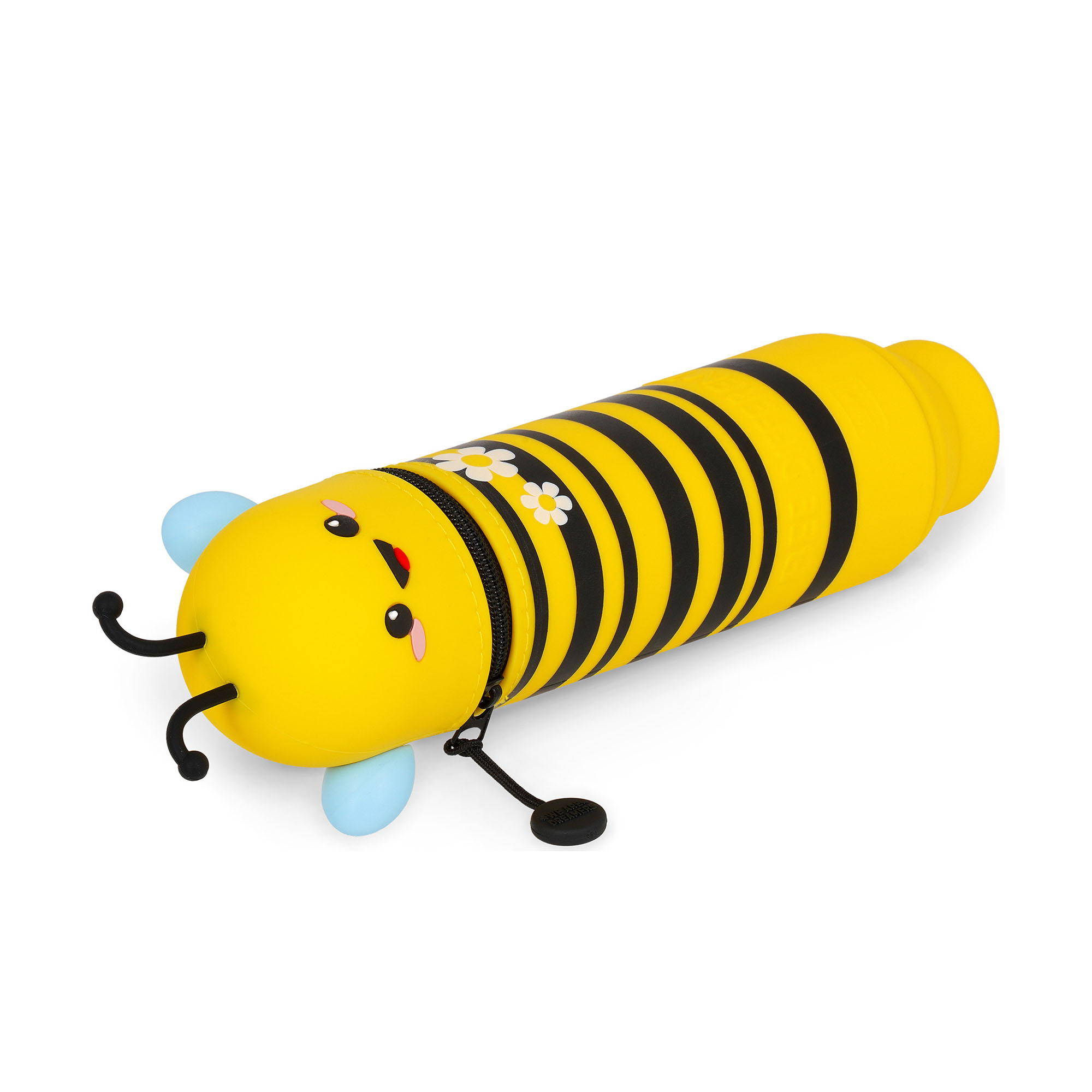 Gelb-schwarzes 2-in-1-Silikon-Federmäppchen im Bienen-Design, geschlossen waagerecht auf weißem Hintergrund dargestellt.