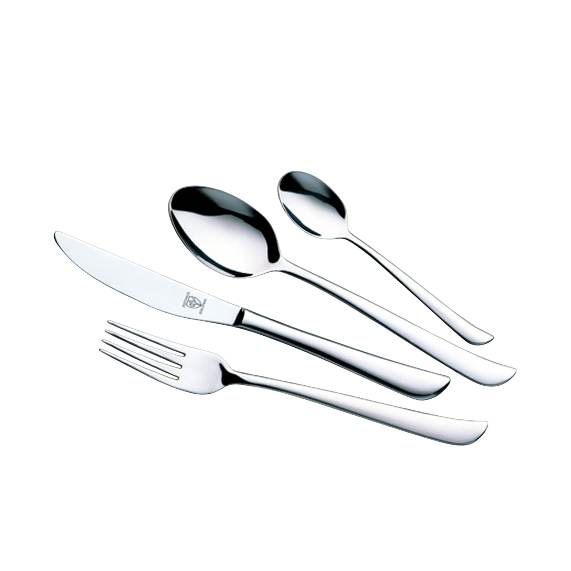 Menübesteck 30 tlg. Twist: fünf polierte Besteckteile mit Messer, Gabel und Löffeln fächerförmig auf weißem Hintergrund angeordnet.