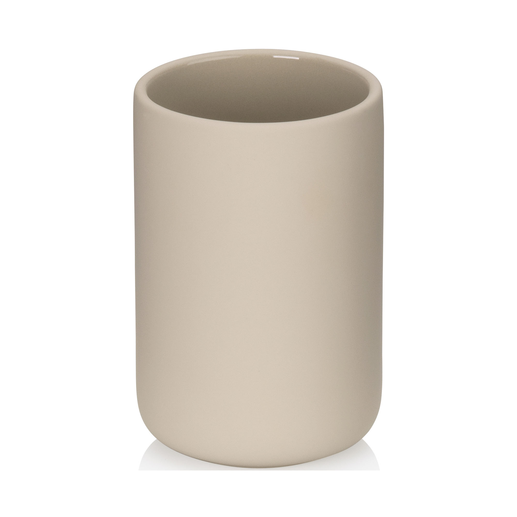 Freigestellter zylindrischer Becher in Beige mit glatter Oberfläche, offener Oberseite und leicht abgerundetem Boden