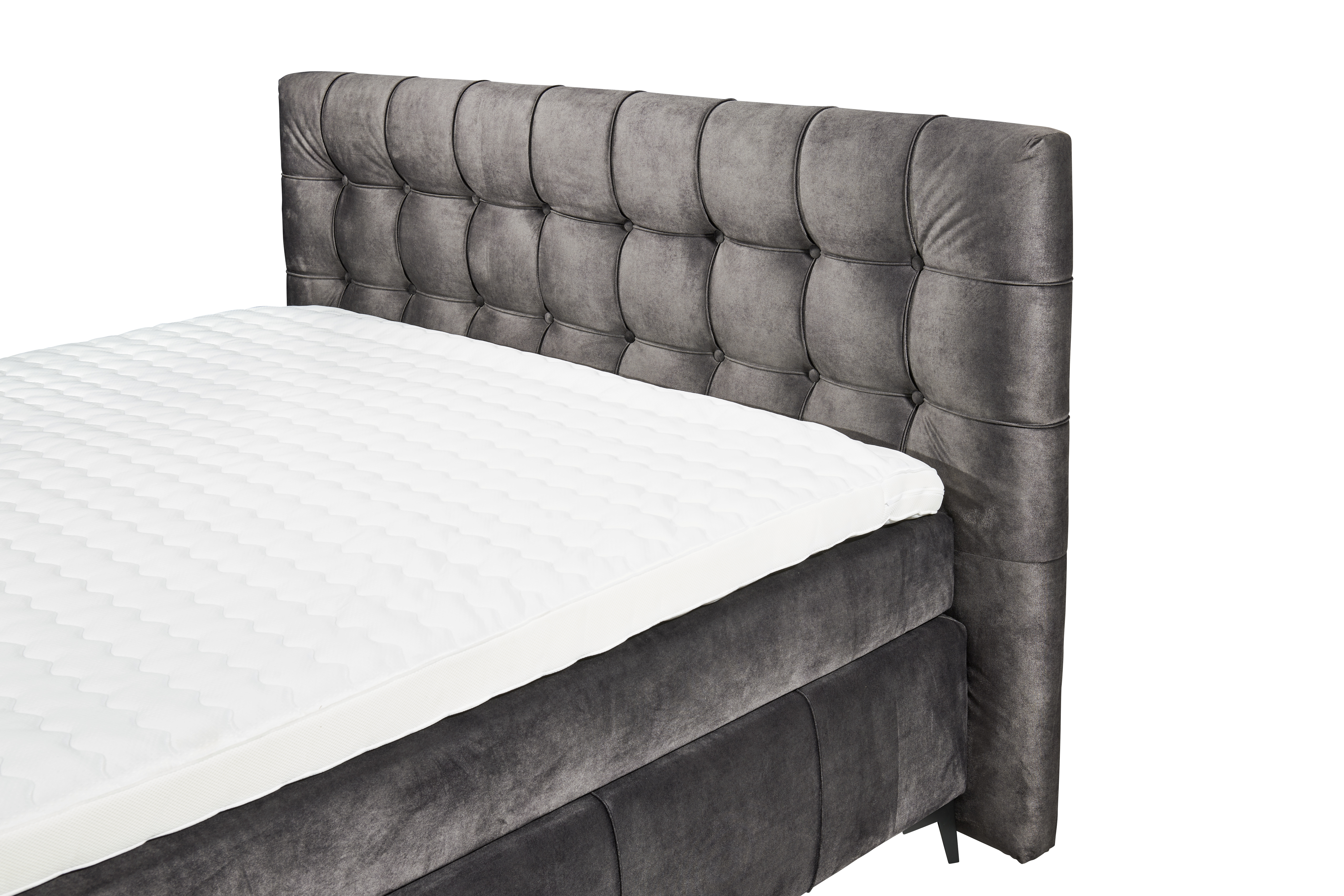 Boxspringbett „Salvador 04 Espresso“ aus schräger Perspektive nahe am Kopfteil aufgenommen, brauner Stoffbezug, Liegefläche ohne Kissen