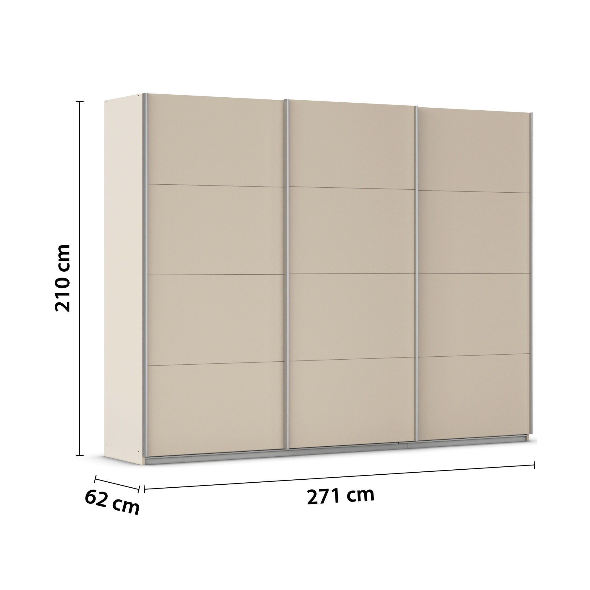 Champagnerfarbener Kleiderschrank mit Maßangaben 271 cm Breite, 210 cm Höhe und 62 cm Tiefe