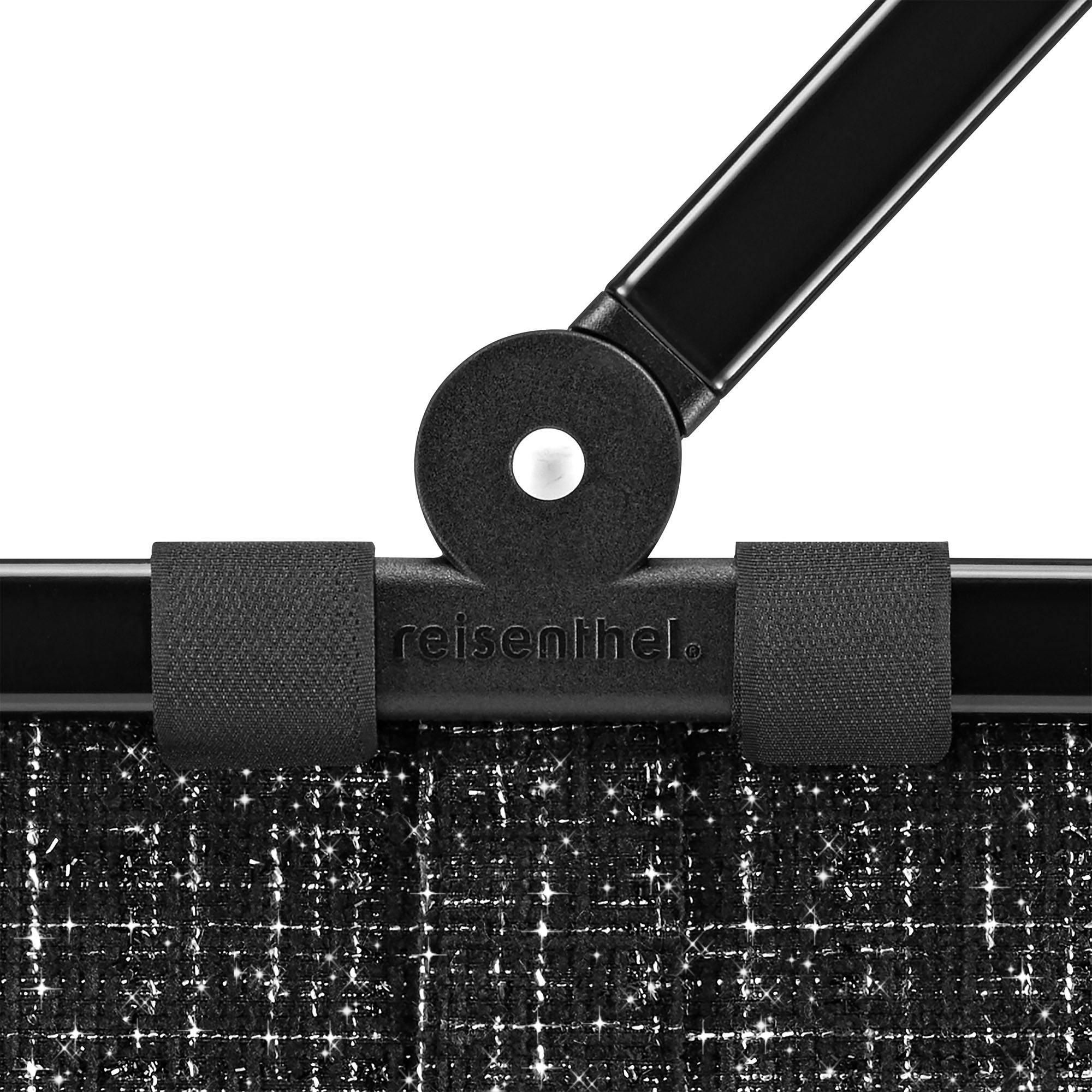 Einkaufskorb von Reisenthel, Modell Carrybag, in Schwarz mit Bouclé-Struktur, Nahaufnahme des Gelenks am Aluminiumgriff