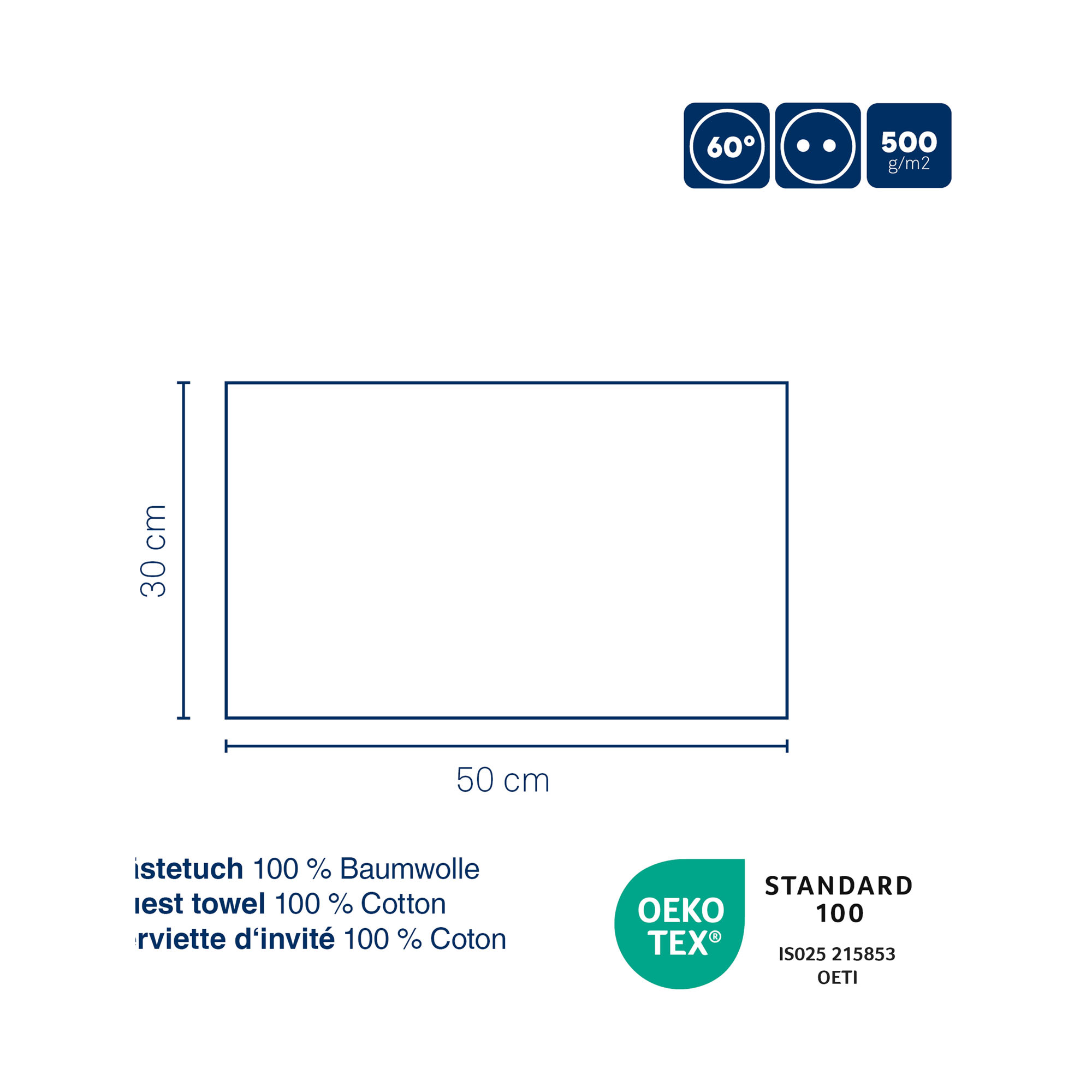 Grafik zum Gästetuch Ladessa mit 30 × 50 cm, Hinweis auf 100 Prozent Baumwolle und Pflegekennzeichen.