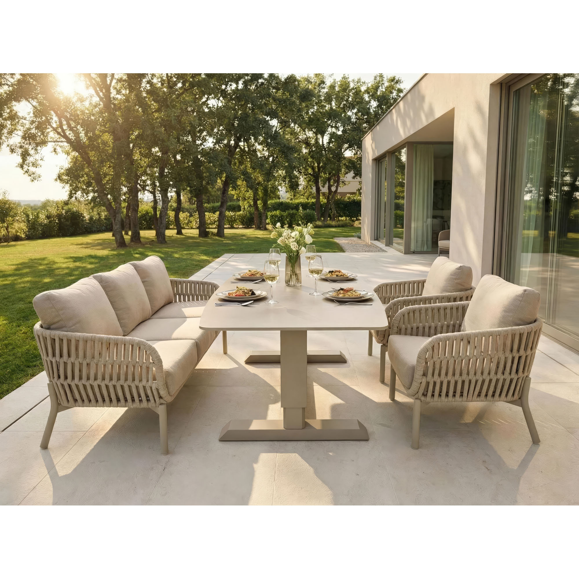 Loungesessel mit Tisch und weiteren Sitzmöbeln auf einer Terrasse im Außenbereich