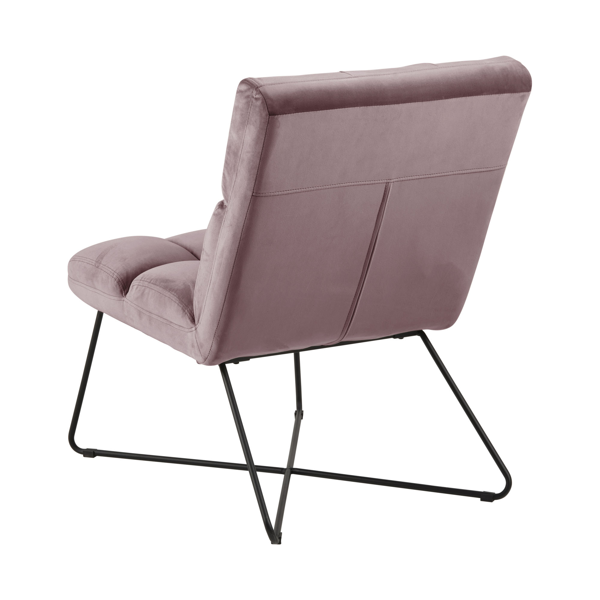 Schräg fotografierte Rückansicht des Loungestuhls mit Bezug dusty rose, sichtbarer Reißverschluss und schwarzes Gestell