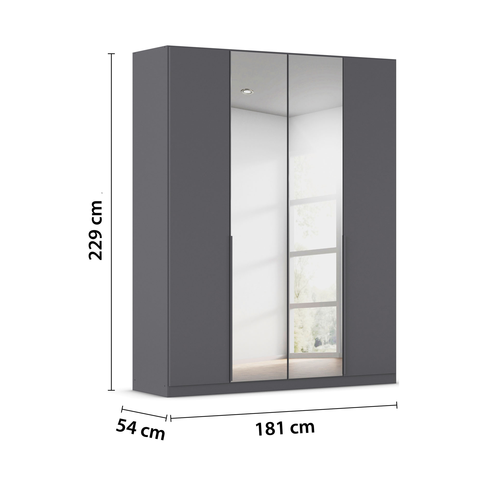 Grau-Metallicer Kleiderschrank mit Spiegeltüren und Maßangaben Breite 181 cm, Höhe 229 cm und Tiefe 54 cm